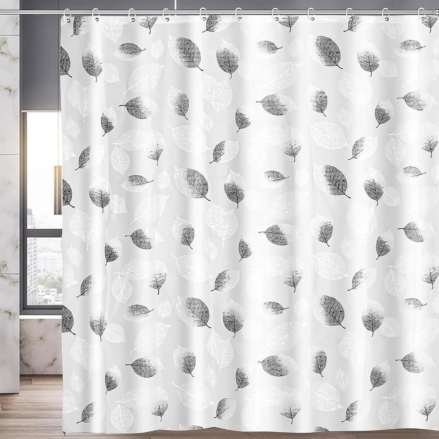 Shower Curtains Mould Proof Resistant - Leaves Patterned Semi-Transarent Shower Curtain, PEVA Waterproof Bathroom Curtains with 12 Hooks, 180 x 180 cm