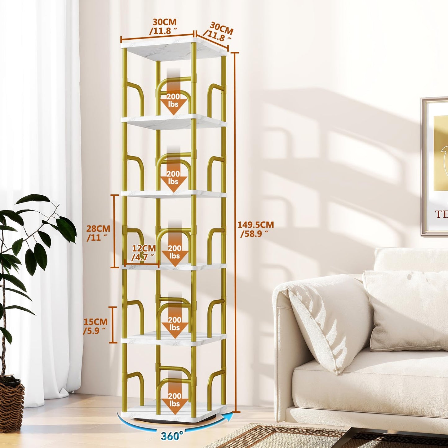 IBUYKE 6 Tier Rotating Bookshelf,Square Bookcases,White TBC005GW