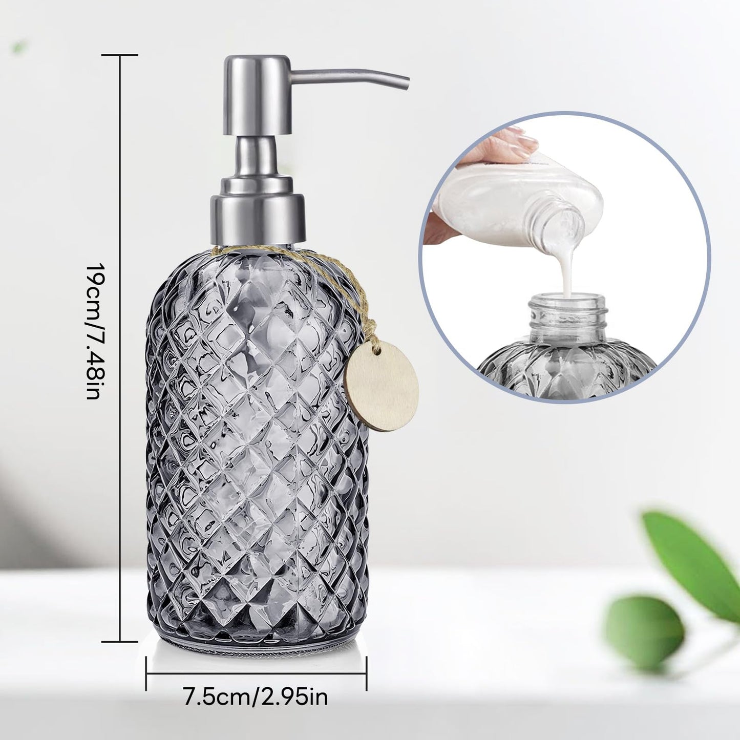 Topsky Glass Soap Dispenser with Silver Metal Pump 400ml Grey