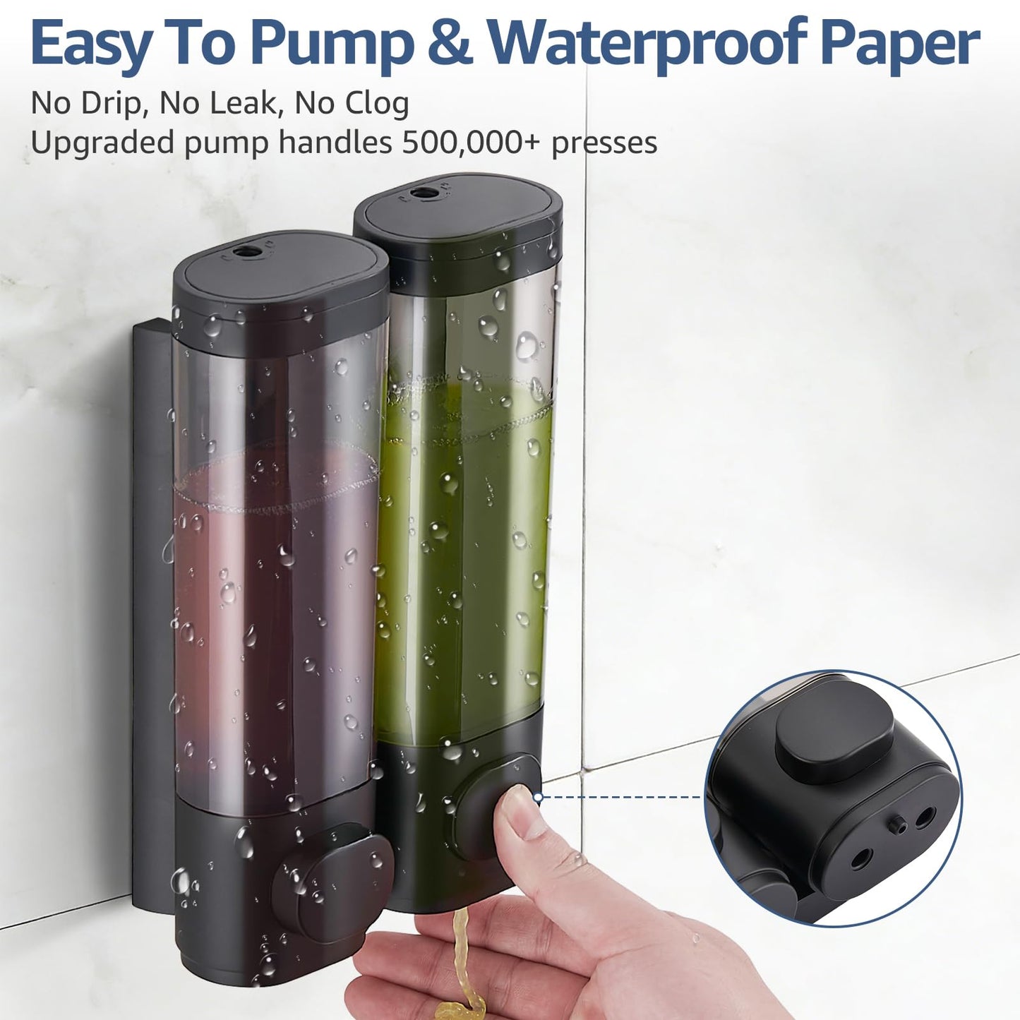 Pollock Wall Mounted Soap Dispenser, 300ml x 2 Shampoo and Conditioner Dispenser, No-Drill Installation Shower Soap Dispenser