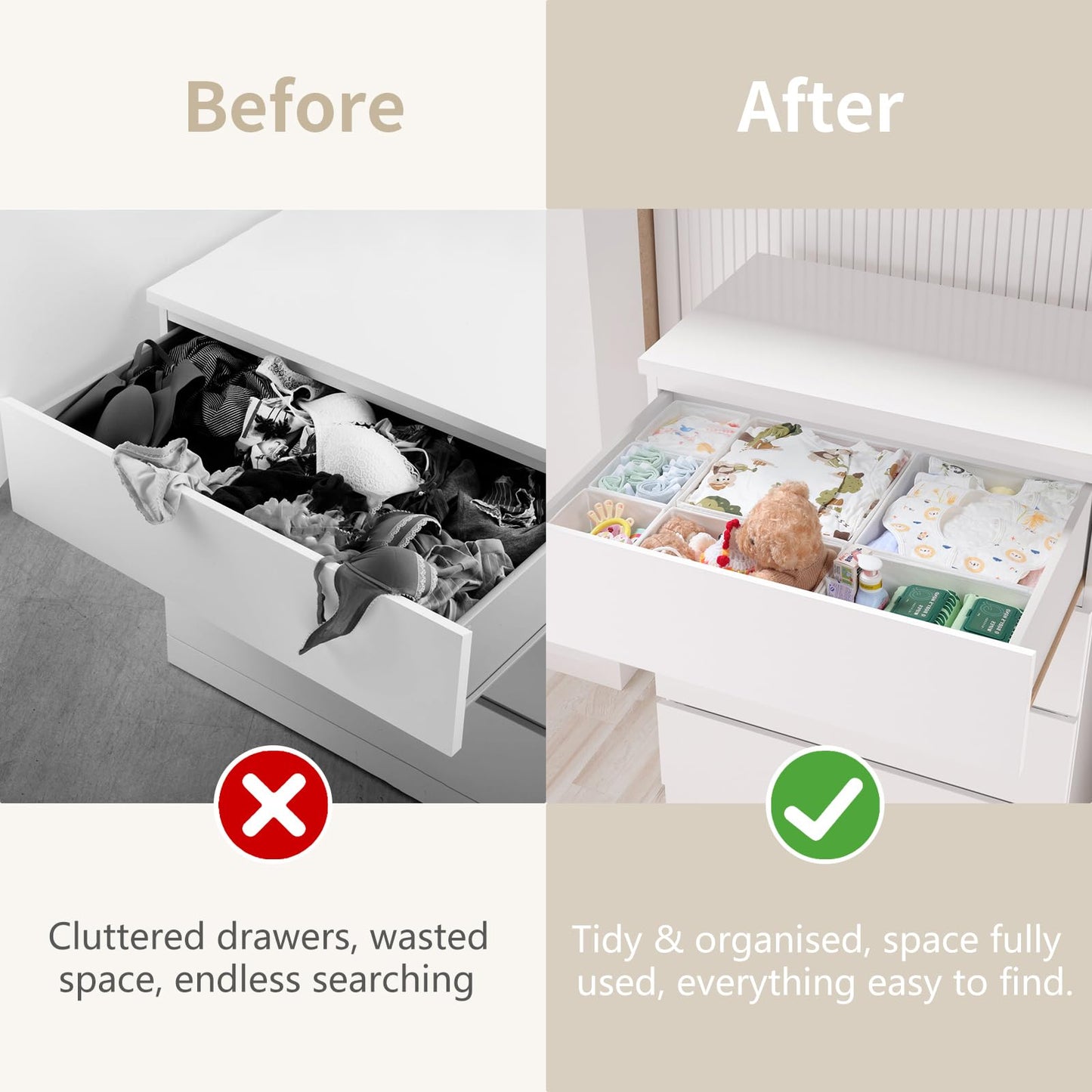 ORLISA Drawer Organiser for MALM Drawers, 14 Pack Clothes Drawer Organisers, Foldable Fabric Drawer Dividers for Underwear Socks Bras