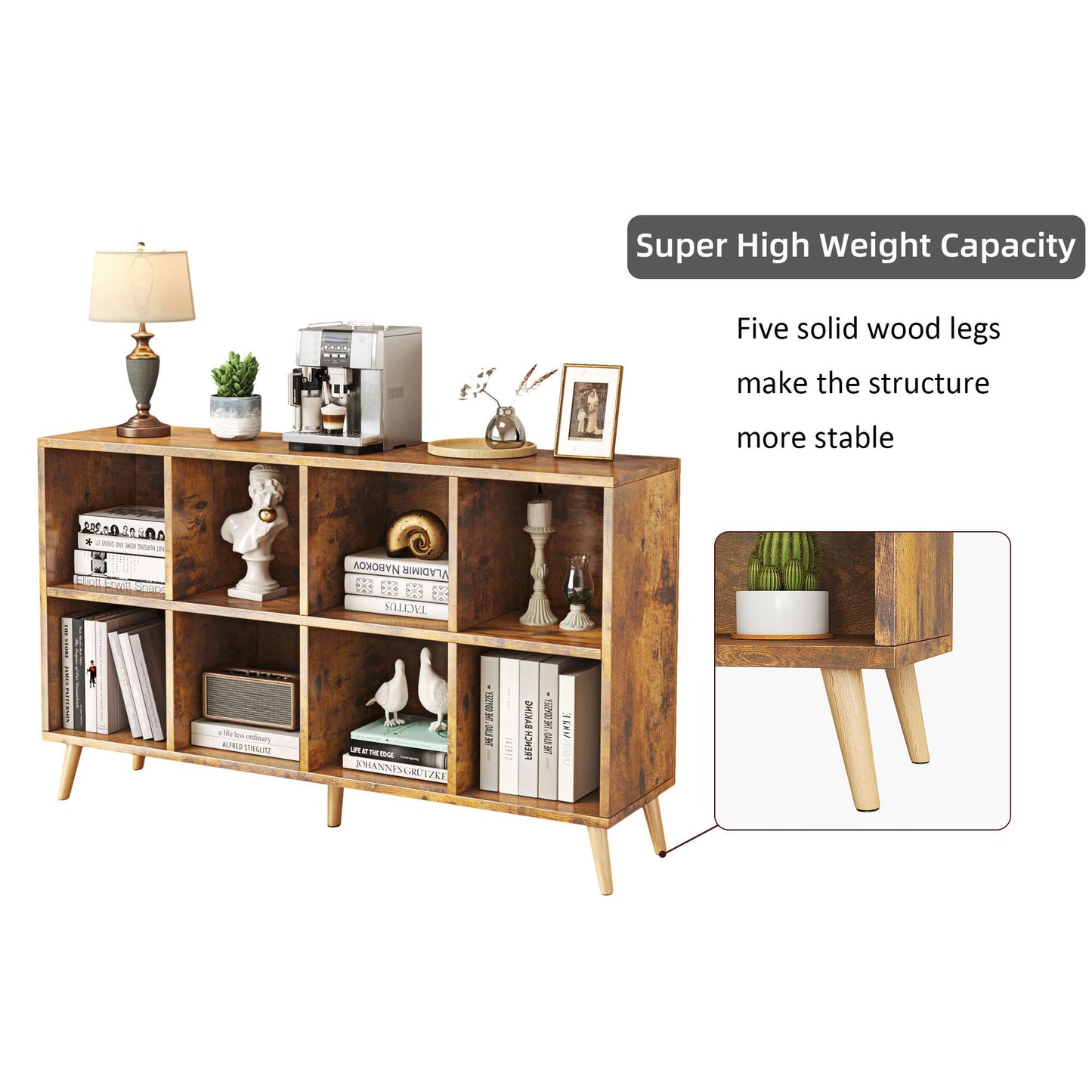 Flrrtenv 8-Cube Bookshelf 2 Tier Retro Bookcase with Legs, 120cm Wood Bookshelves Storage Organizer Shelf