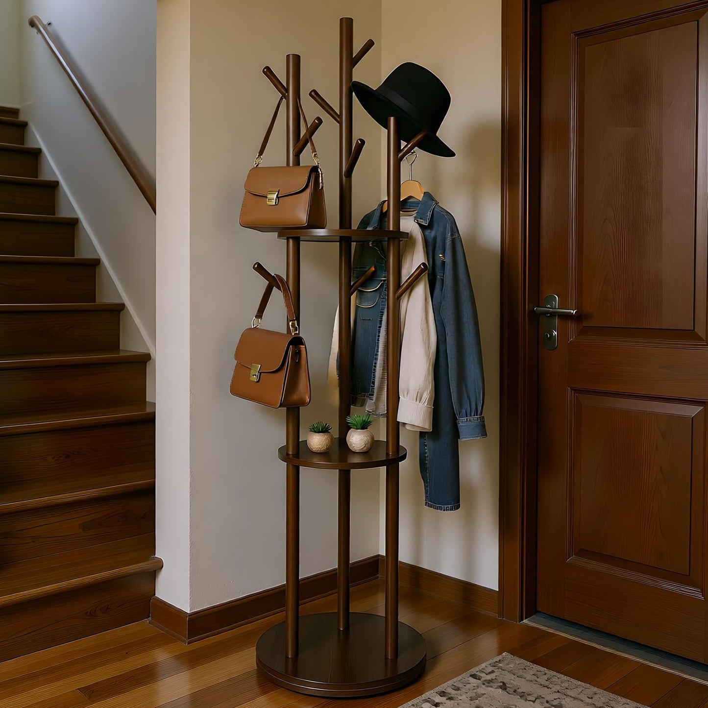 Simcat Freestanding Wooden Coat Rack 8 Hooks 3 Tier Storage Shelf Walnut