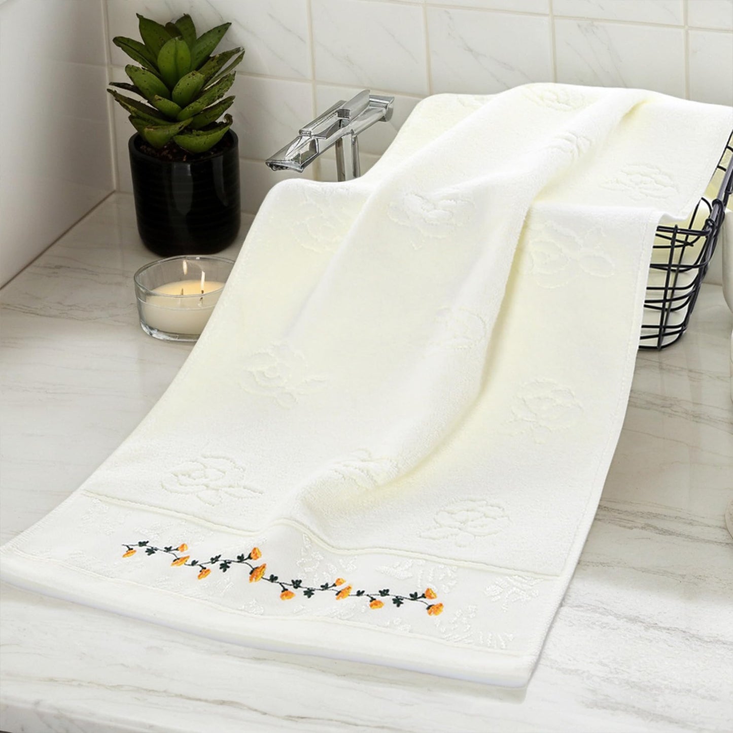 HMETOL Soft Absorbent Floral Embroidered Hand Towels for Bathroom Kitchen