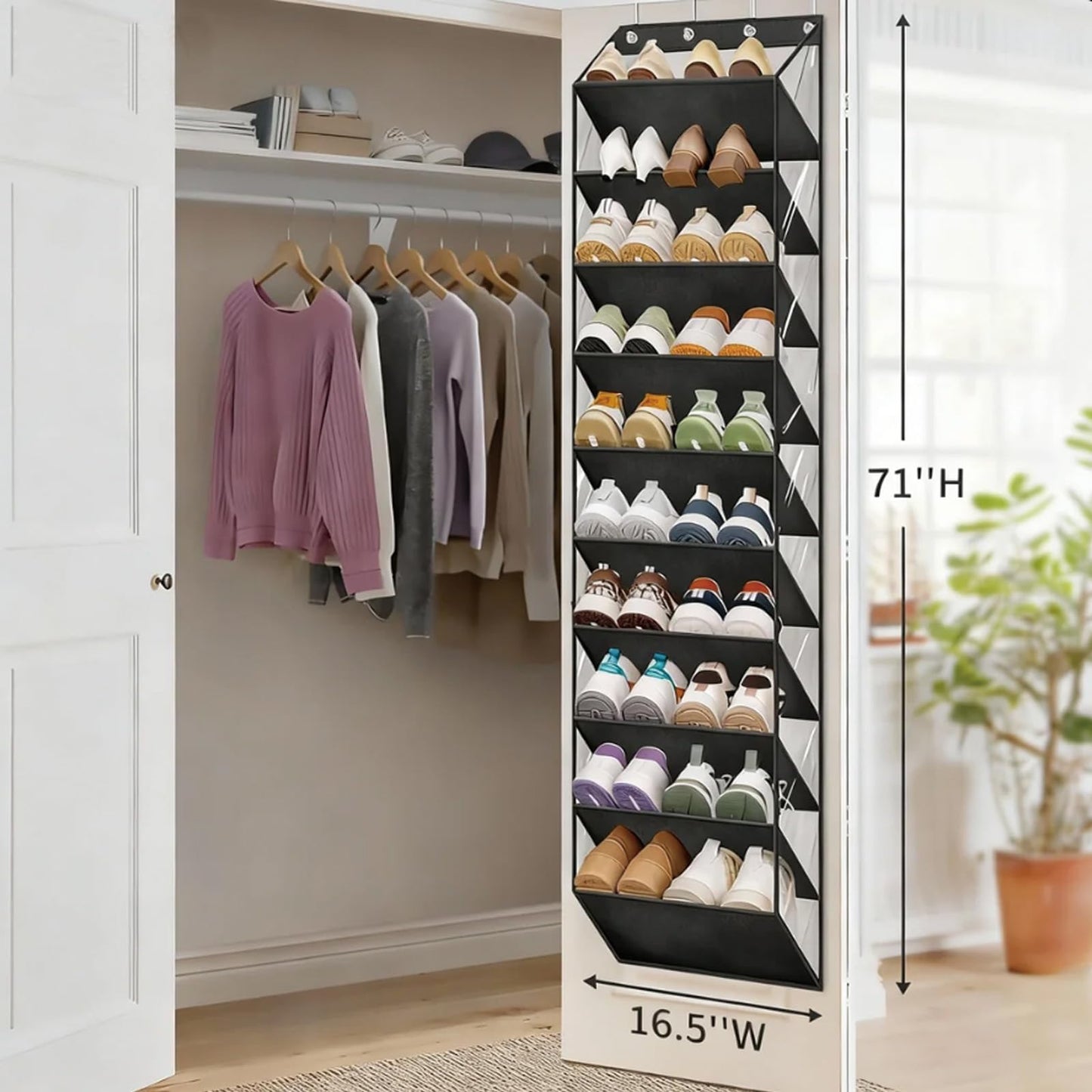 TopHomer 10 Tier Over Door Shoe Storage Organiser，Hanging Shoe Rack Storage and Large Shoes Holder with Clear Deep Pocket Back of Door,Fit 20 Pairs