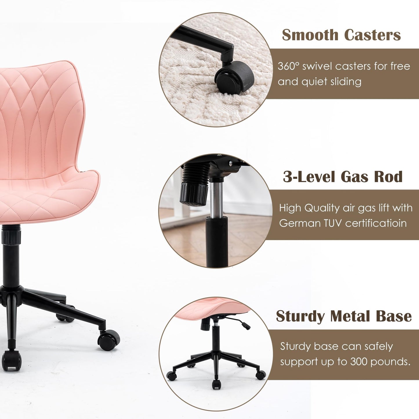 YOUNUOKE Desk Chair Adjustable Home Office Chair with Wheels, Pink