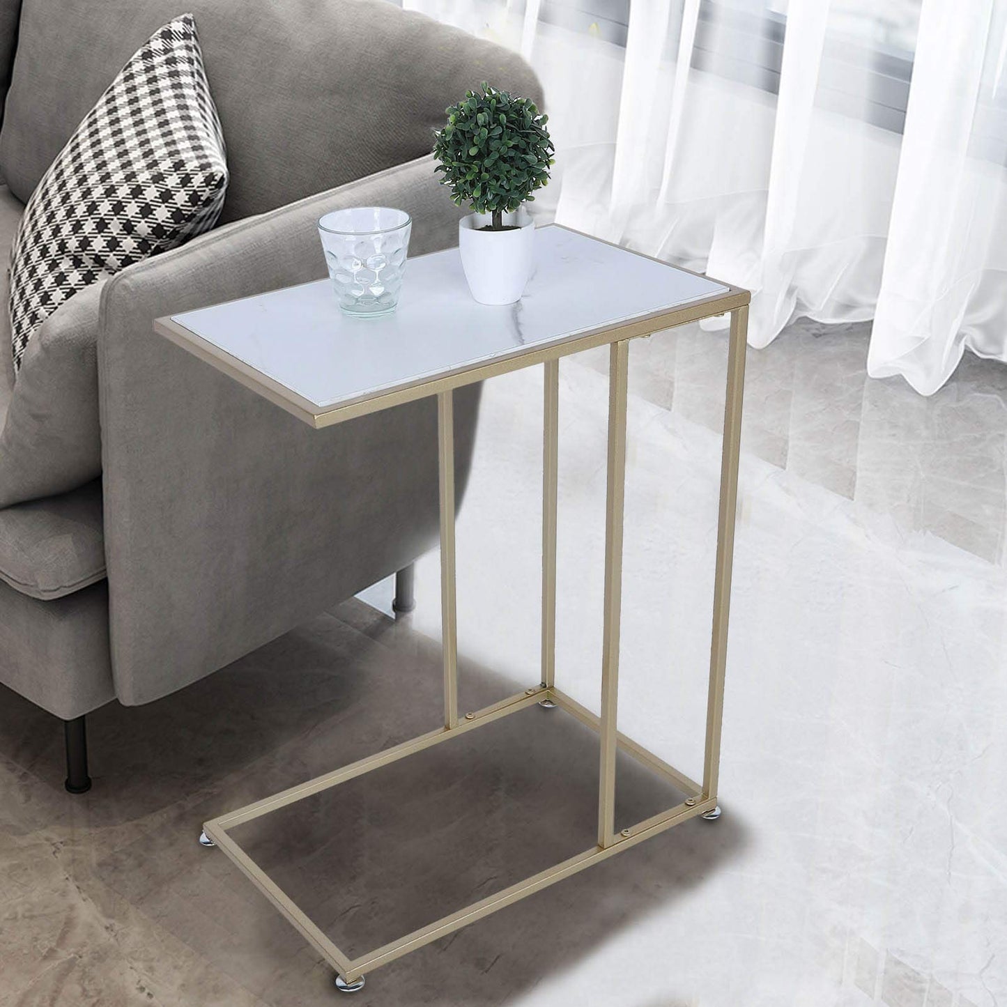 C Shaped Side Table, Sofa End Table with Gold Metal Frame Coffee Snack Table Laptop Holder Table Bedside Table Modern Open Type Under Bed Table Care