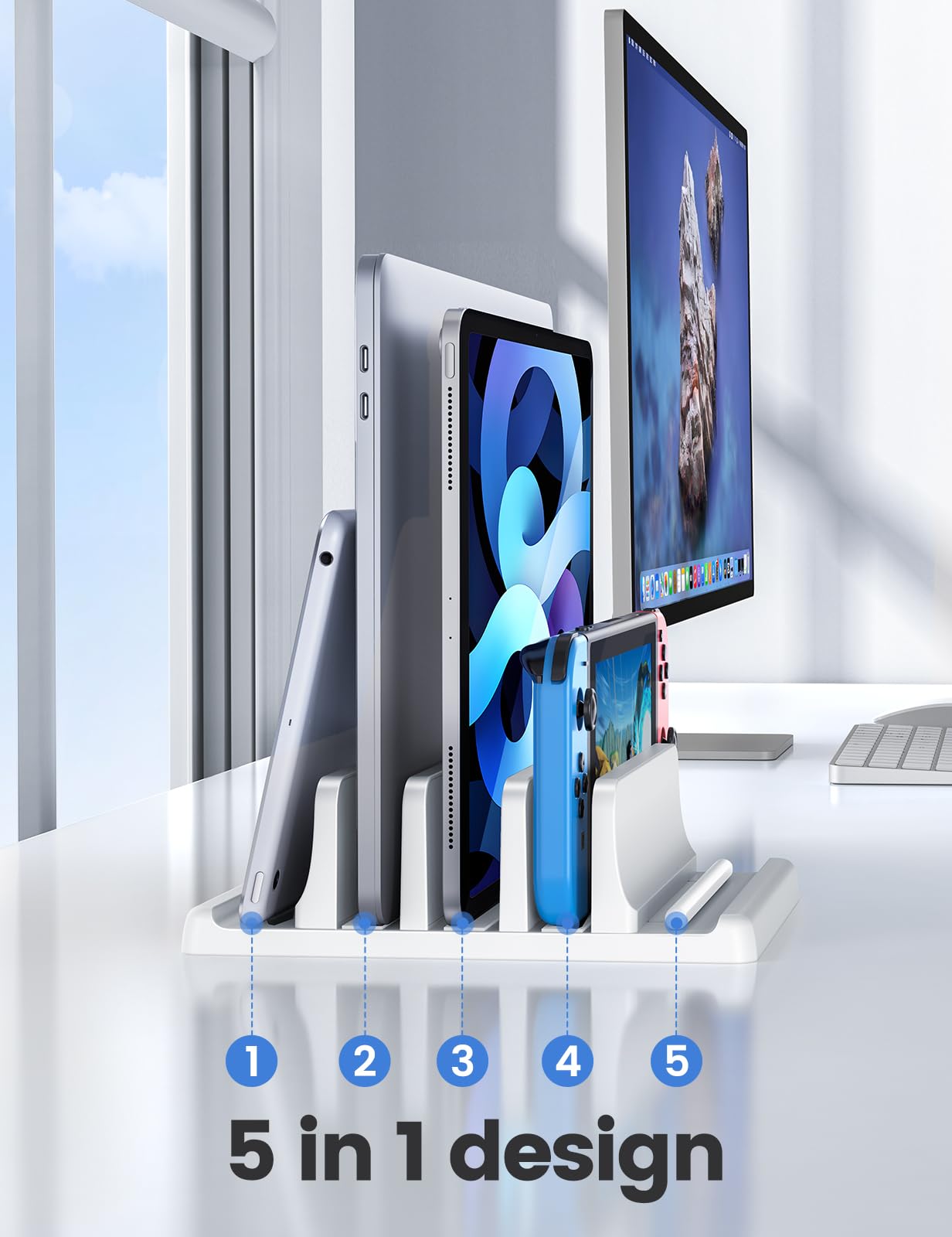 Vaydeer 3-Slot Vertical Laptop Stand Made of Premium ABS Plastics 5 in 1 Design Space-Saving Adjustable Desk Organizer for All