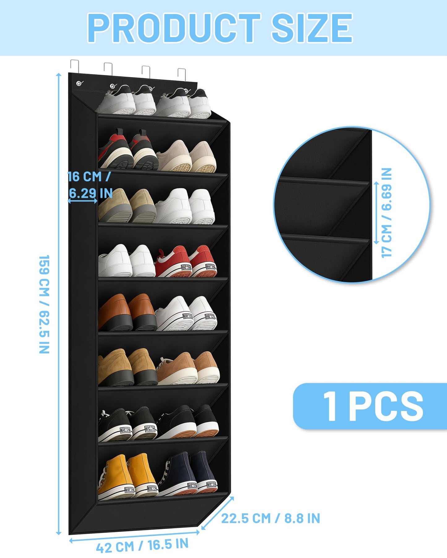 OulQinyhome Door Hanging Shoe Rack - Hanging Shoe Organizer with 8 Large Pockets - Hanging Shoe Rack Fits 16-24 Pairs of Shoes