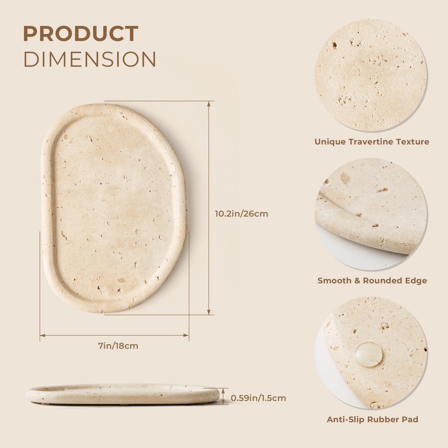 WORHE Natural Travertine Tray,Marble Ring Dish, 26 x18 x 1.5cm, Beige Large