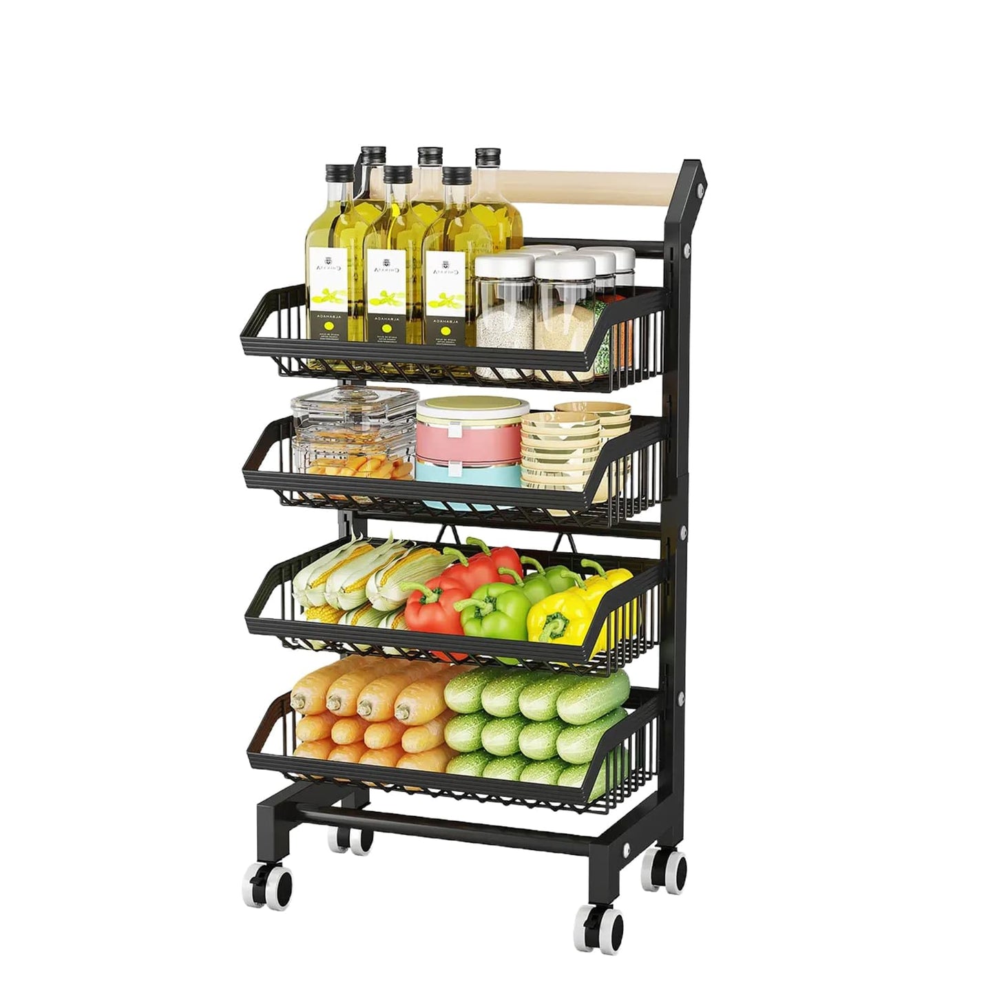 4-Tier Adjustable Vegetable Storage Rack, Removable Fruit Basket Cart