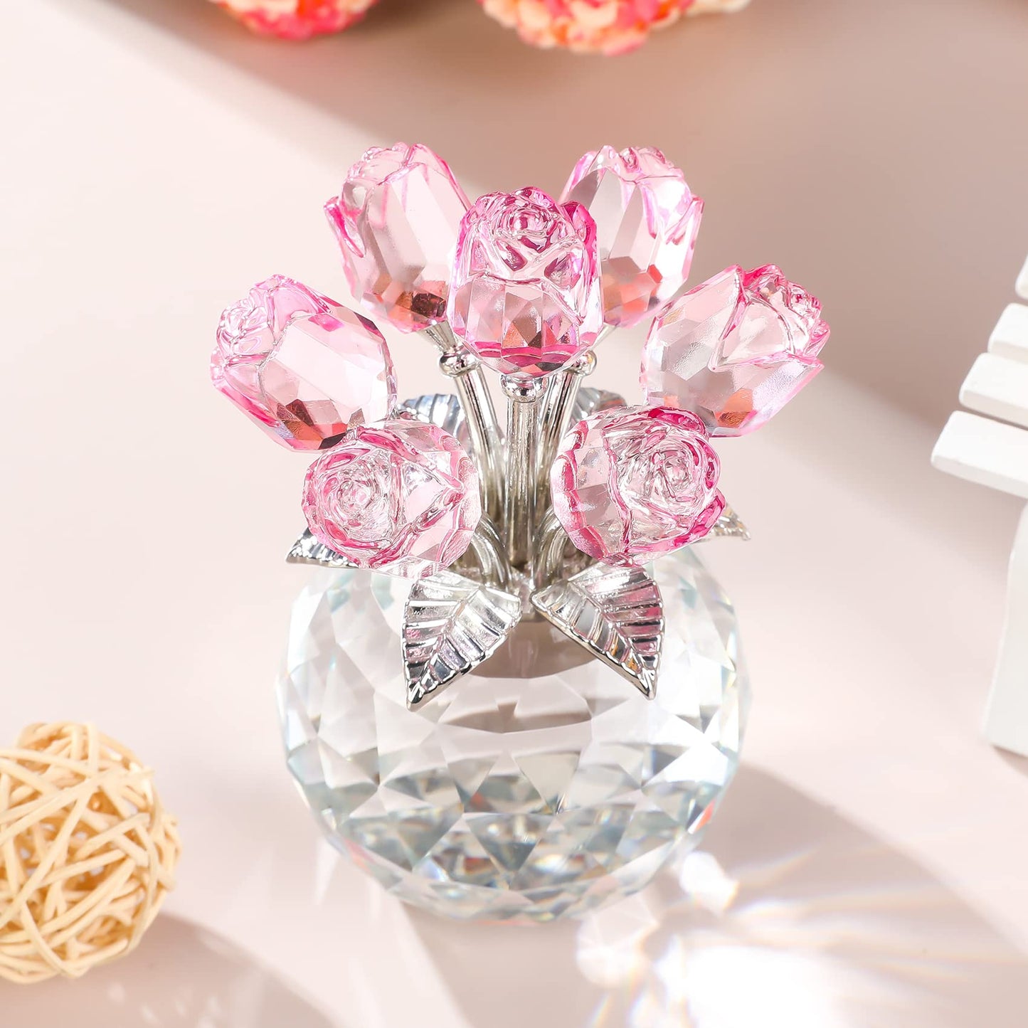 Crystal Pink Rose Bouquet Flower Figurine with Round Vase, Romantic Rose Gifts for Women Her on Valentine's Day Mother's Day Christmas, Rose
