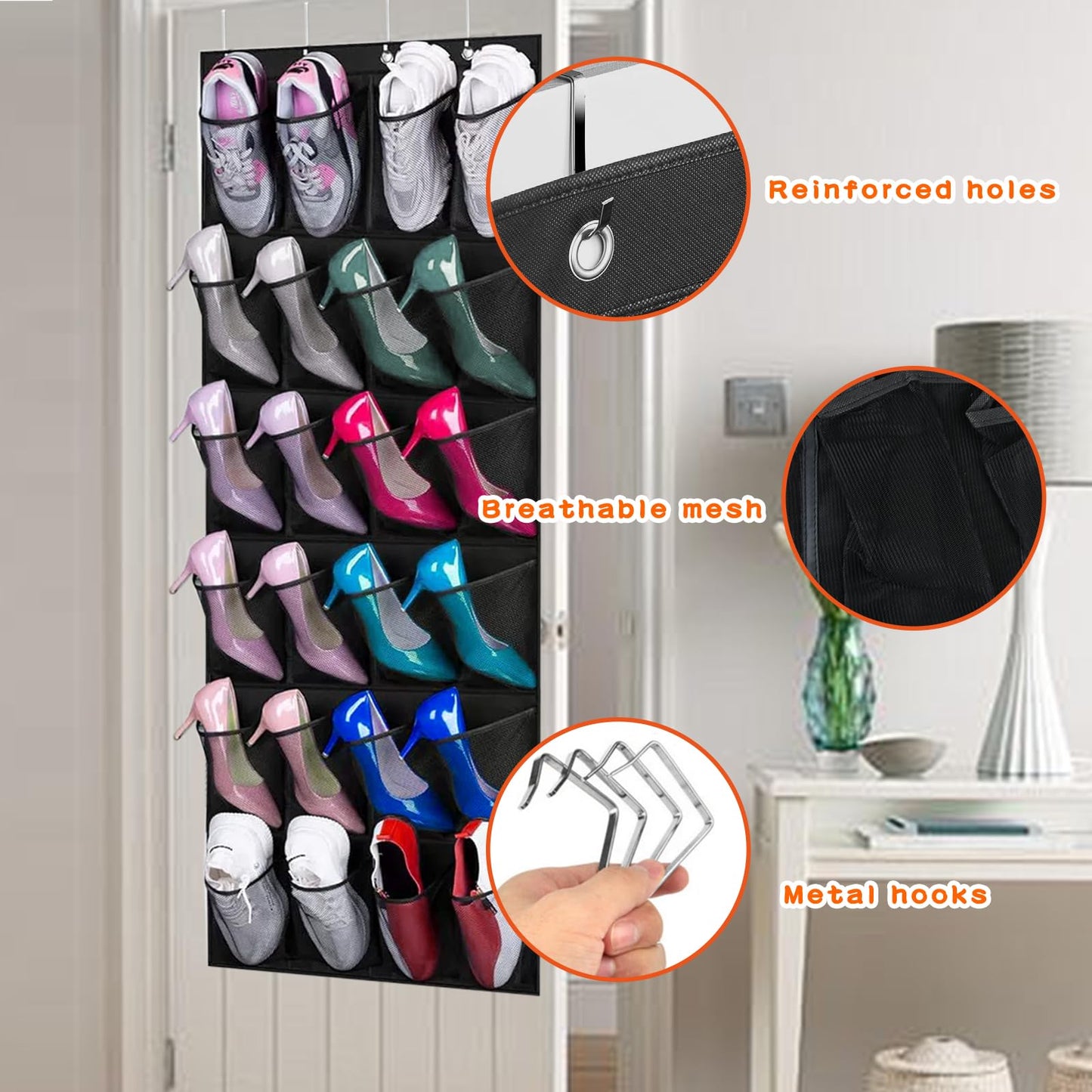 Yunyige Shoe Door Storage, Overdoor Shoe Storage Organiser, over Door Shoes Rack with 24 Mesh Pockets, Shoes Hanging Storages (Black)