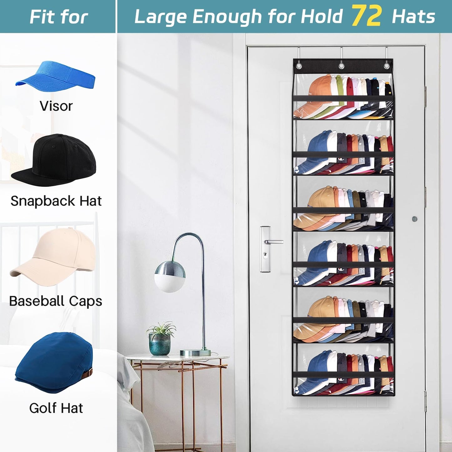 AOODA Clear Over The Door Hat Racks for Baseball Caps, Large Holds up to 72 Caps Hat Storage Organizer for Closet Wall