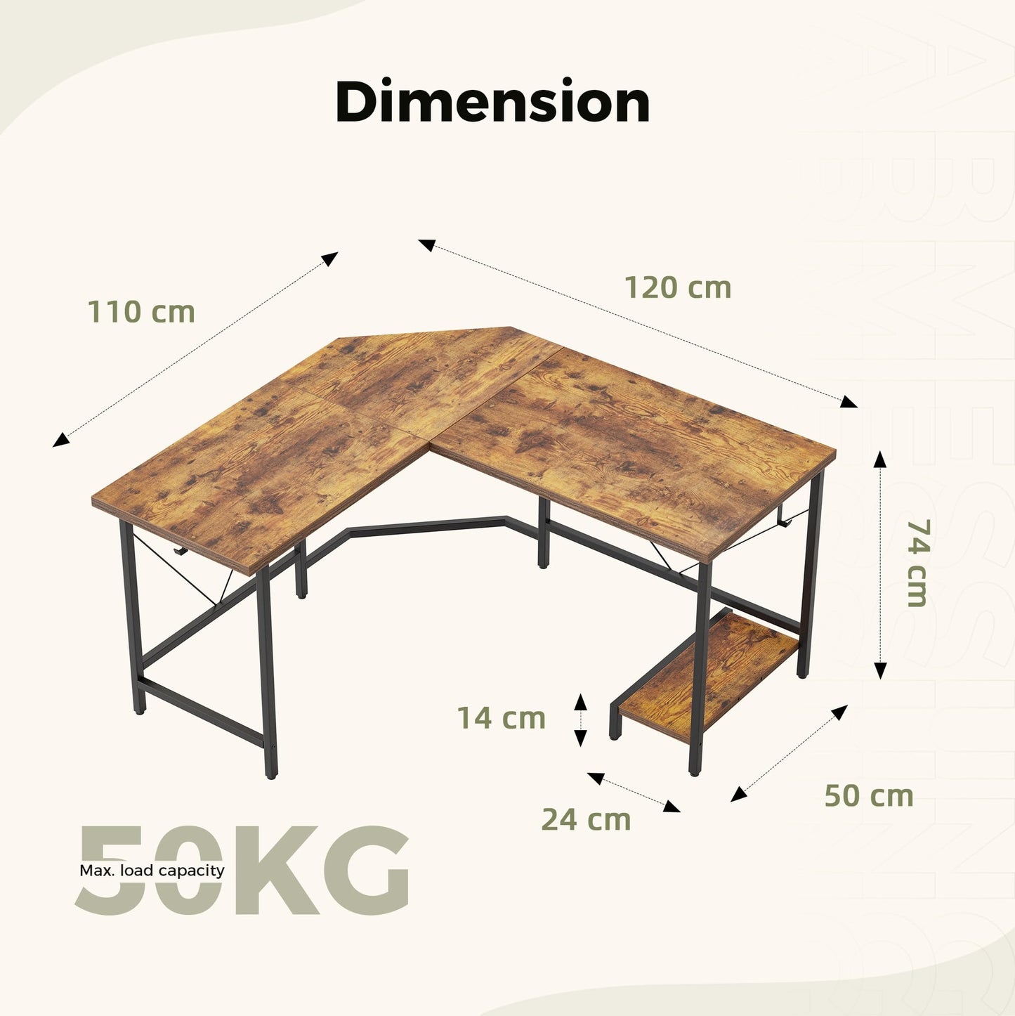 Mericonia L Shaped Desk, Diamond Design for Socket, 120x110cm, Brown