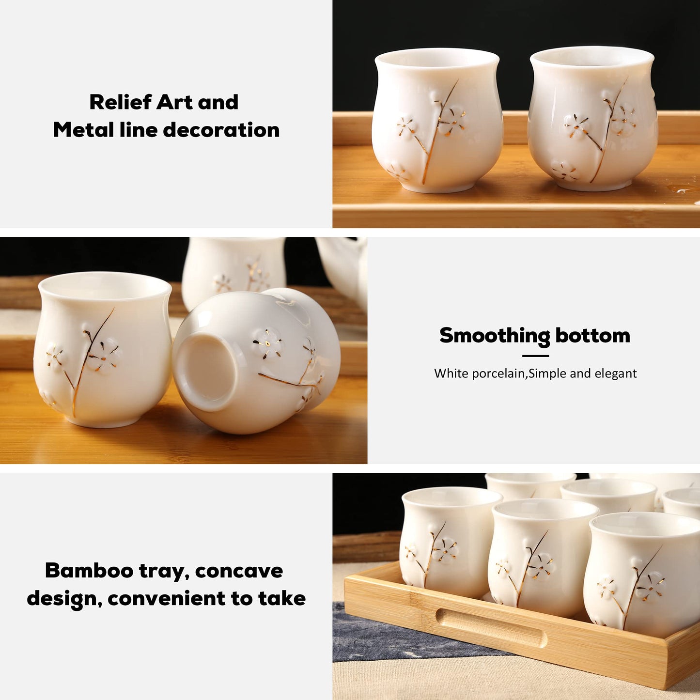 Dujust Japanese White Porcelain Tea Set - Teapot, 6 Tea Cups, Tray & Stainless Infuser - Plum in Golden