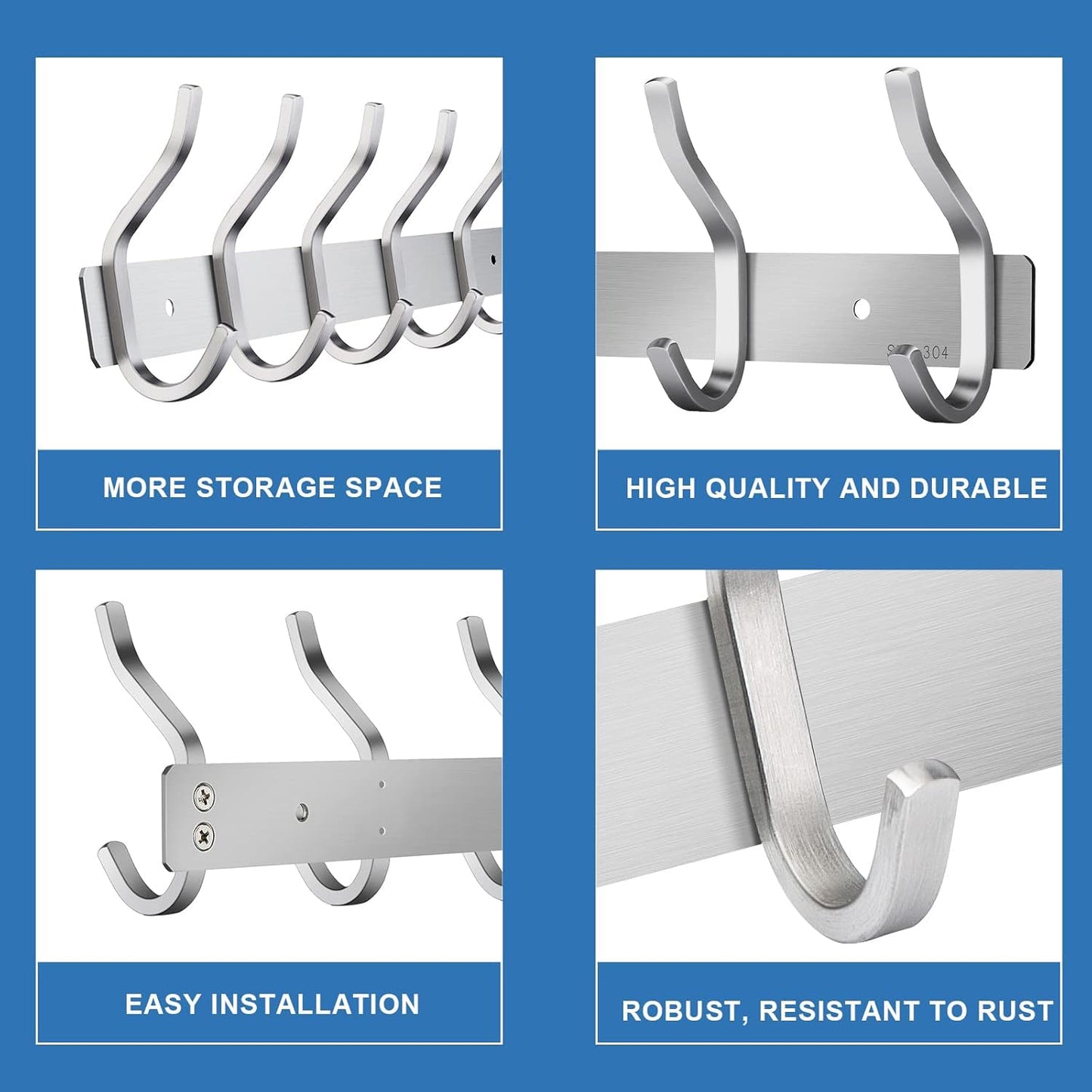 MEIJO Coat Hooks Wall Mounted, Coat Rack Wall Mounted Stainless Steel with 8 Hooks Heavy Duty Coat Hooks for Door, Bedroom, Bathroom, Kitchen