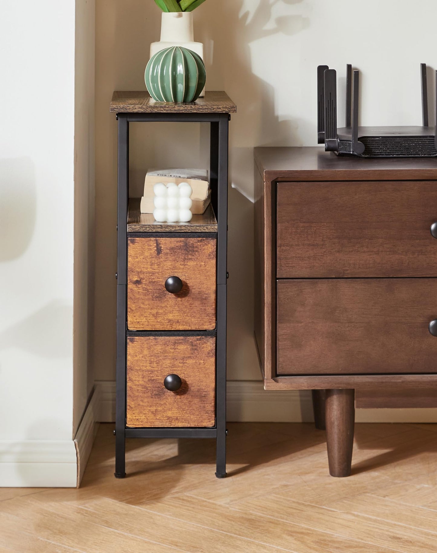 YMYNY Narrow Side Table, Slim Bedside Table with 2 Fabric Drawers, Nightstand for Small Spaces