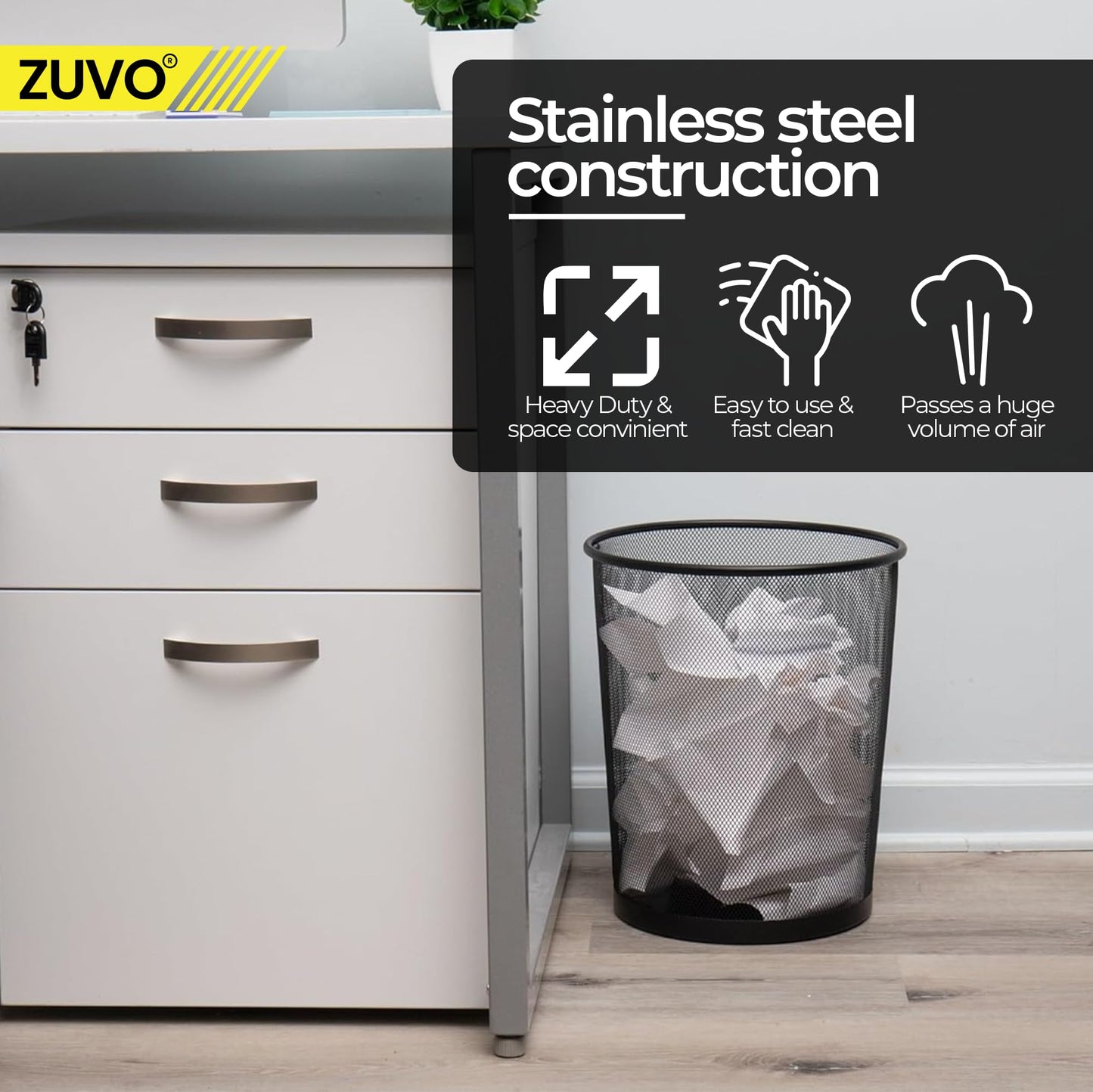 Zuvo Metal Mesh Waste Paper Bin, Small Bedroom & Office Bin, Black