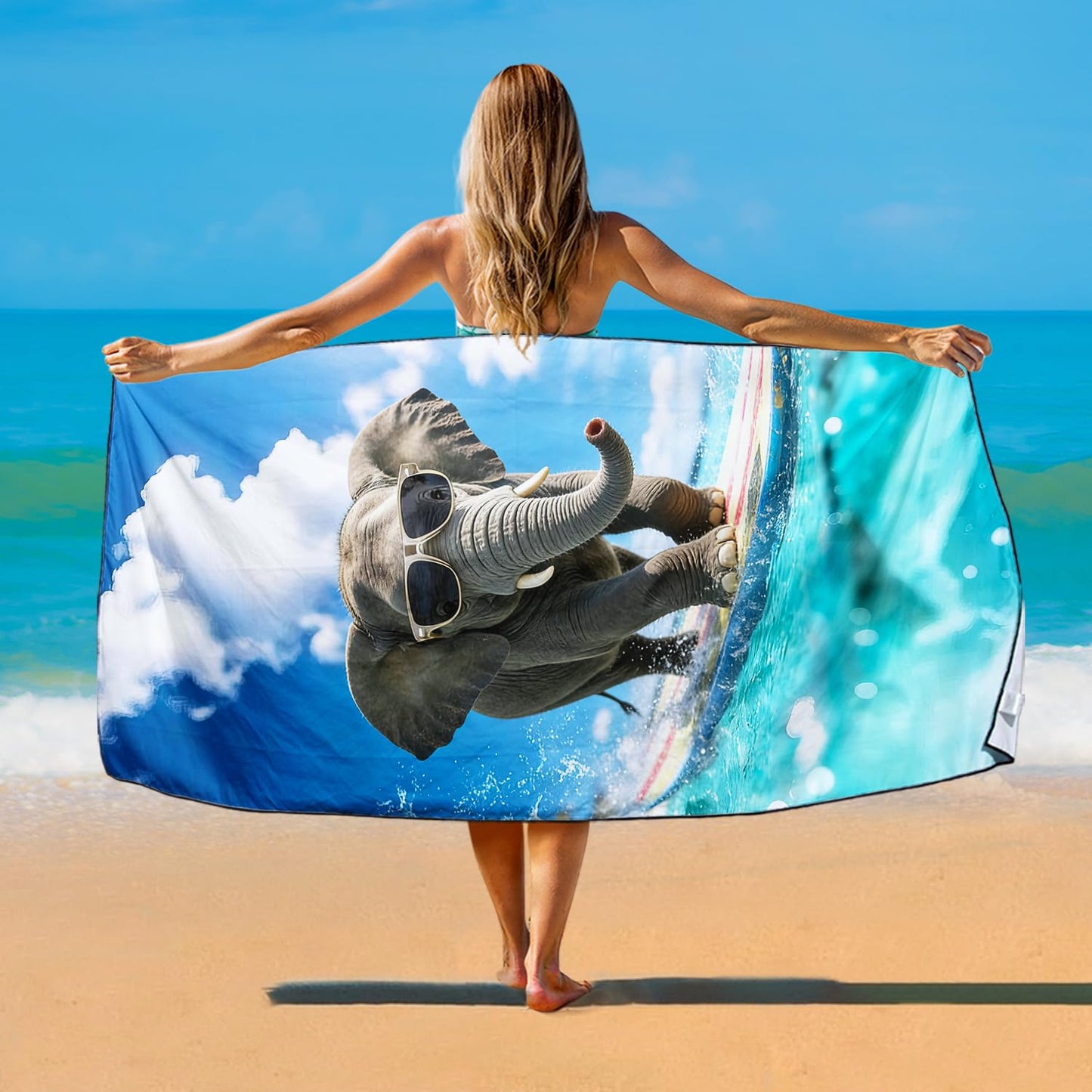 Violetpos Surfing Elephant with Sunglasses Silhouette Beach Towel, Extra Large 180x90 cm 250GSM Microfibre, Sand Free Quick Dry