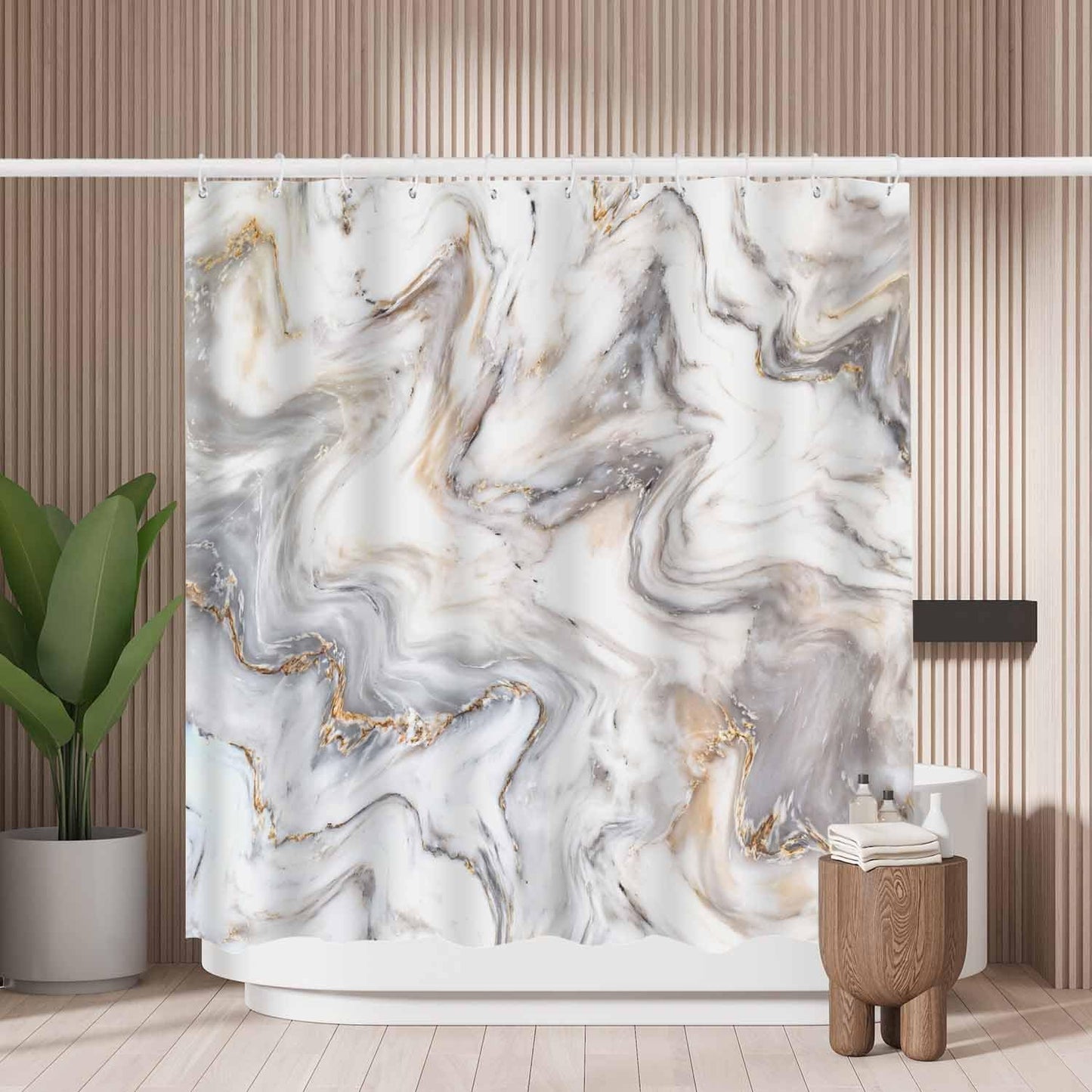 Woutay Shower Curtain Water Repellant Fabric White Marble Texture,Mould Proof Resistant,Polyester,with 12 Plastic Hooks