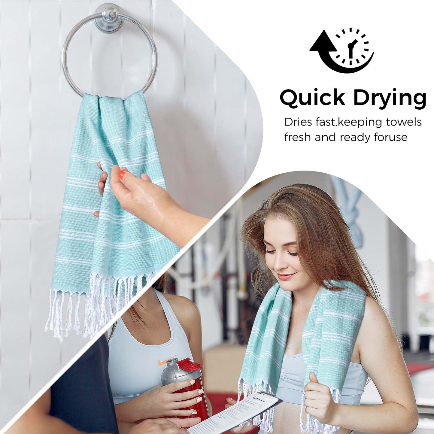 Ouxiaobai Hand Towels for Bathroom - Pack of 2 Turkish Hand Towels Set, Thin Decorative Tea Towel, 20 * 30 Inch Kitchen Cloth with Tassel (Aqua)