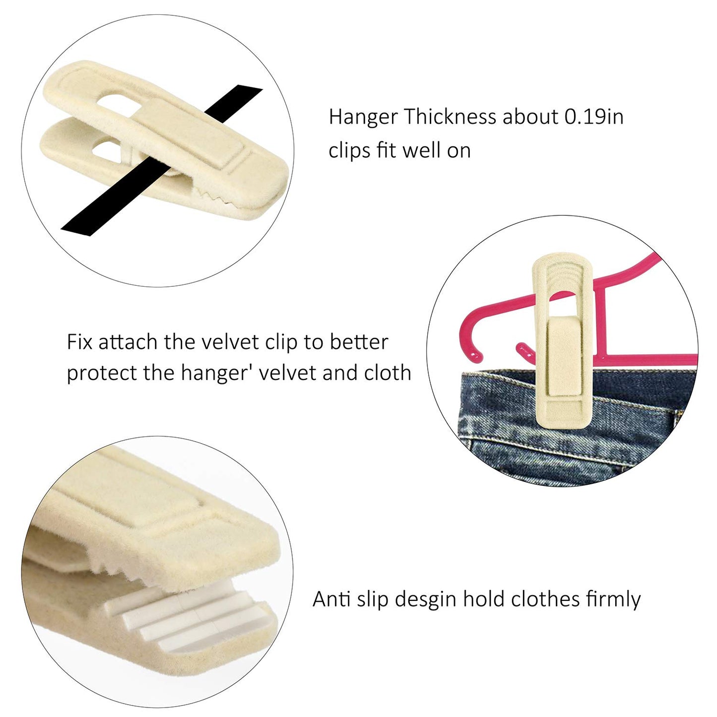 Tinfol 50pc Velvet Hangers Clips, Gray Strong Finger Flocked Clips, Pants Hangers Clips for Thin Clothes Hangers (Beige)