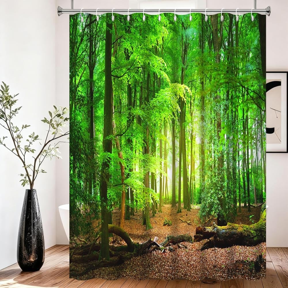 Xiaoterna Spring Shower Curtain Nature Landscape 3D Scenery Bathroom Curtain Deciduous Forest Bathroom Curtain Tropical Rainforest Shower Curtain
