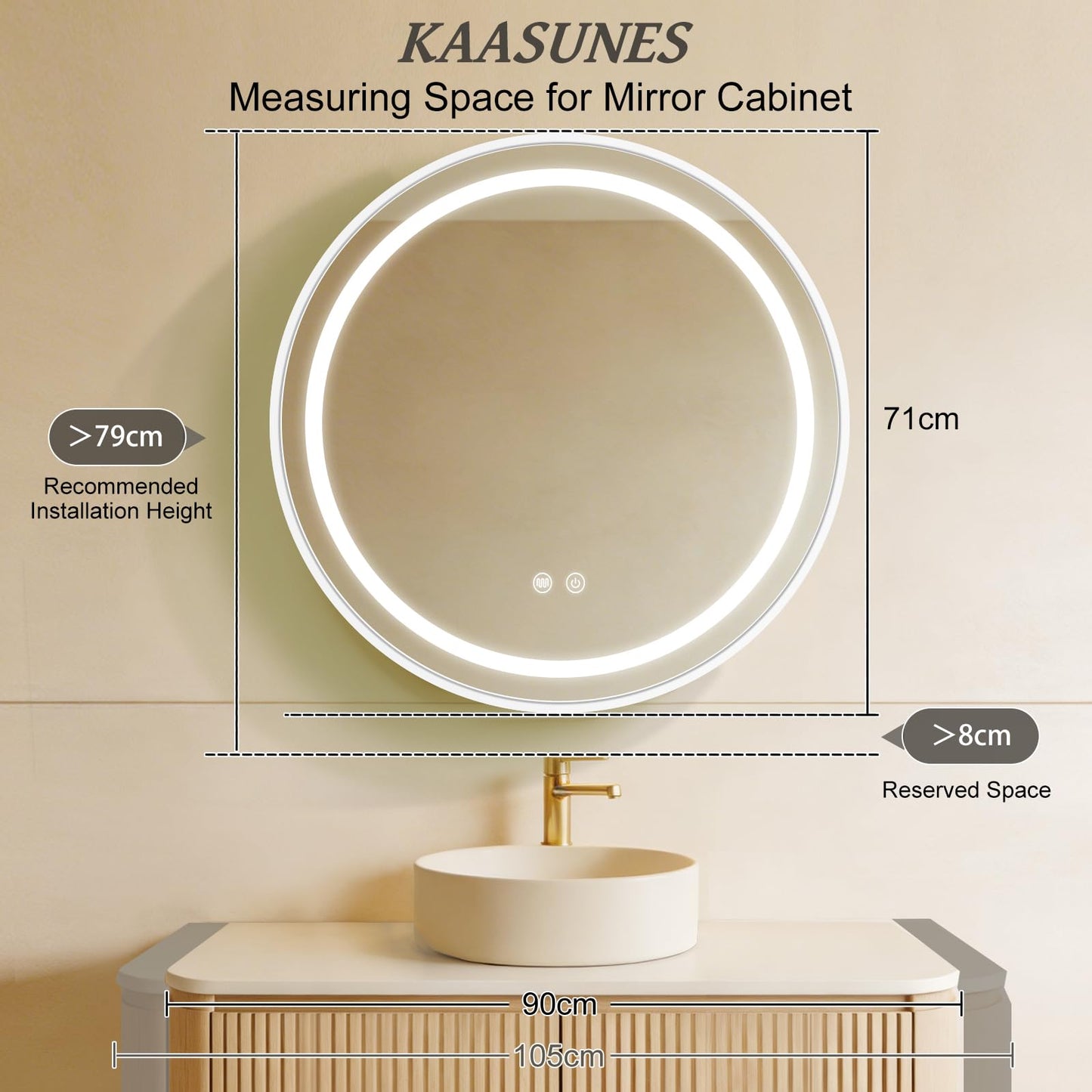 KAASUNES Round Mirror Cabinet with Light,Aluminum Framed,3 Colors Temperature&Dimmer,USB Shaver Socket,Defogger,71cm,black