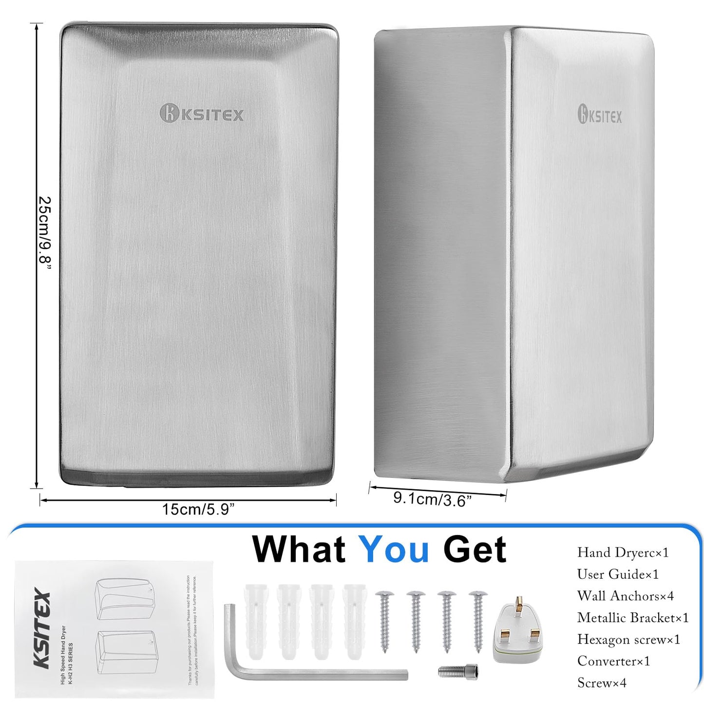 KSITEX Hand Dryer,High Speed Commercial Hand Dryer Stainless Steel Automatic Electric Dryer Wall Mounted for Toilet Bathroom Eco Friendly Brushed