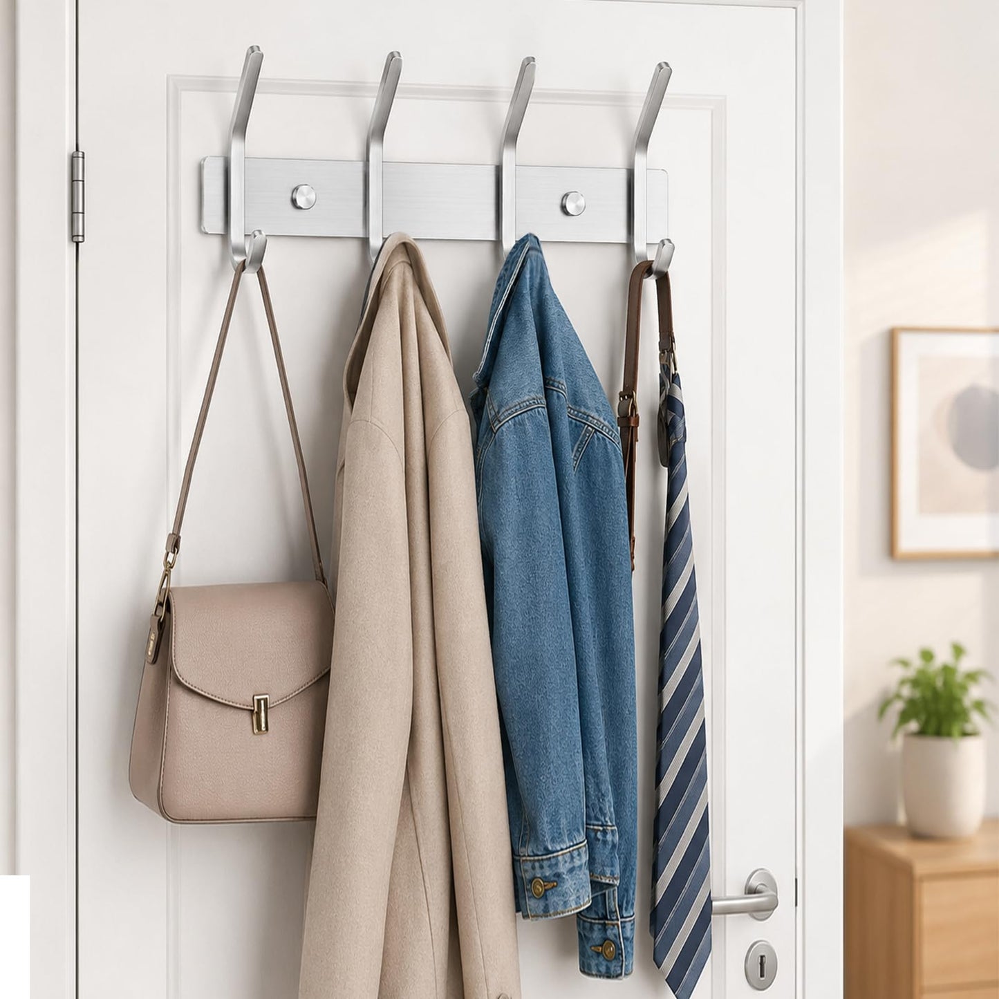 TINIFO Coat Hooks Wall Mounted - Stainless Steel Coat Rack 4 Hook (2 Pack), Silver