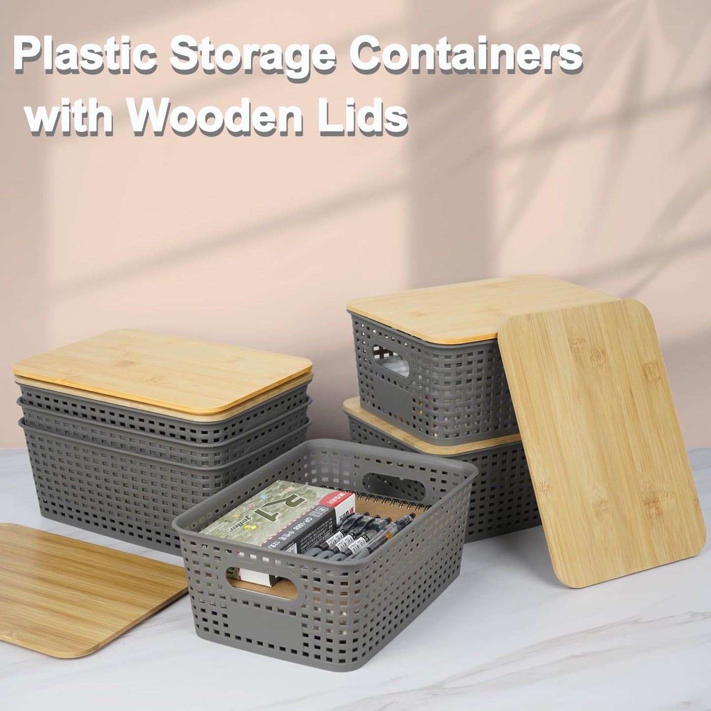 UHAPEER 6 Pack Stackable Plastic Storage Baskets with Bamboo Lid