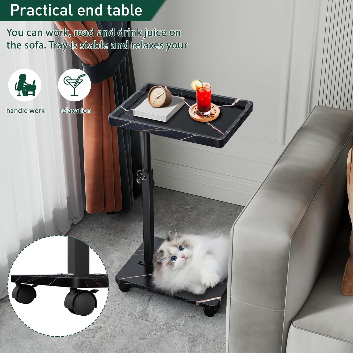 YYW Adjustable C Shaped Side Table with Wheels, 360° Swivel Sofa Table