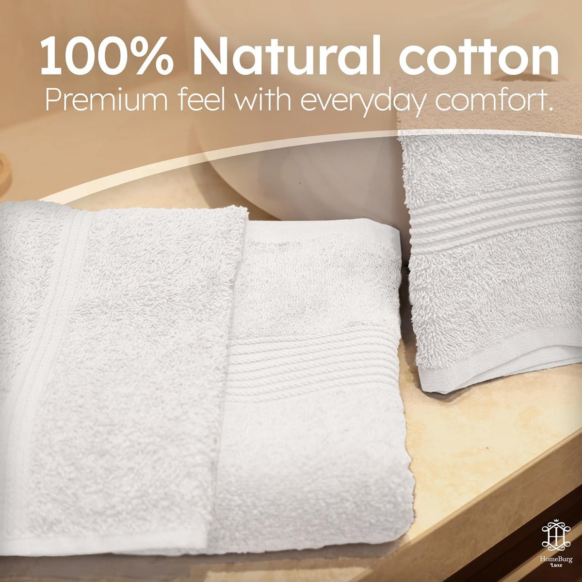 HomeBurg Luxe Set – Washcloths 30 x 30cm, Hand Towels 40 x 70cm & Bath Towels 65 x 137 cm – 100% Cotton, Soft, Absorbent, Easy Care, Versatile