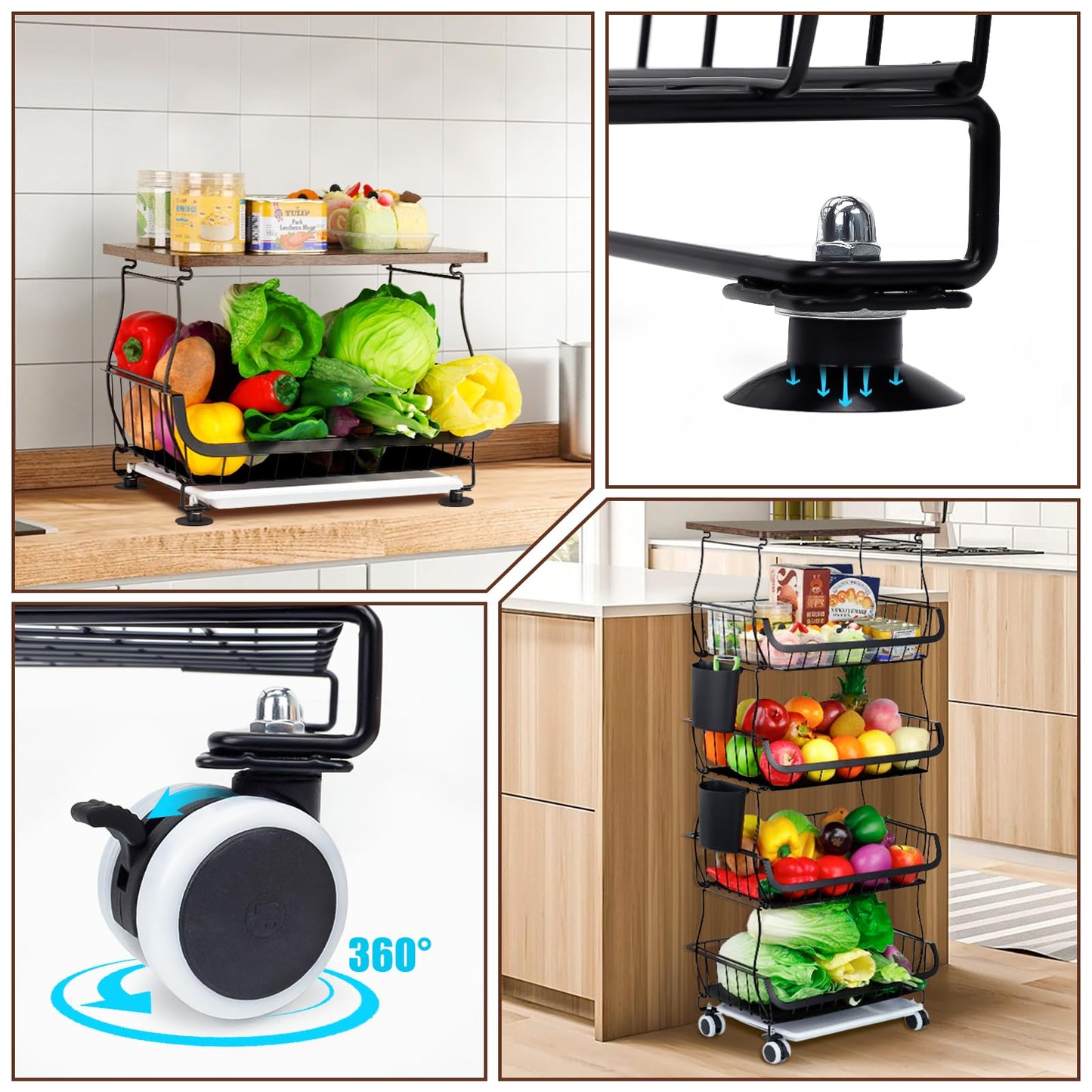 Wuciray Vegetable Rack For Kitchen On Wheels Vegetable Basket With Suction Cups Fruit Storage Baskets With Worktop Vegetable Trolley On Wheels Fruit