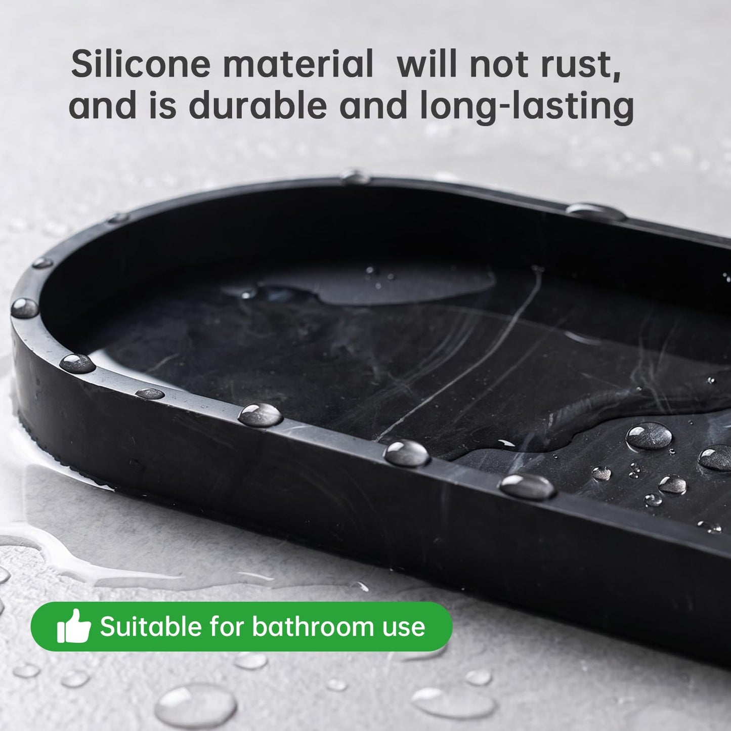 Vanity Tray, Bathroom Tray, Silicone Tray – 2-Piece Oval Marble Storage Tray (25x11x2cm) with Non-Slip Base & Easy-Clean Surface, for Bathroom