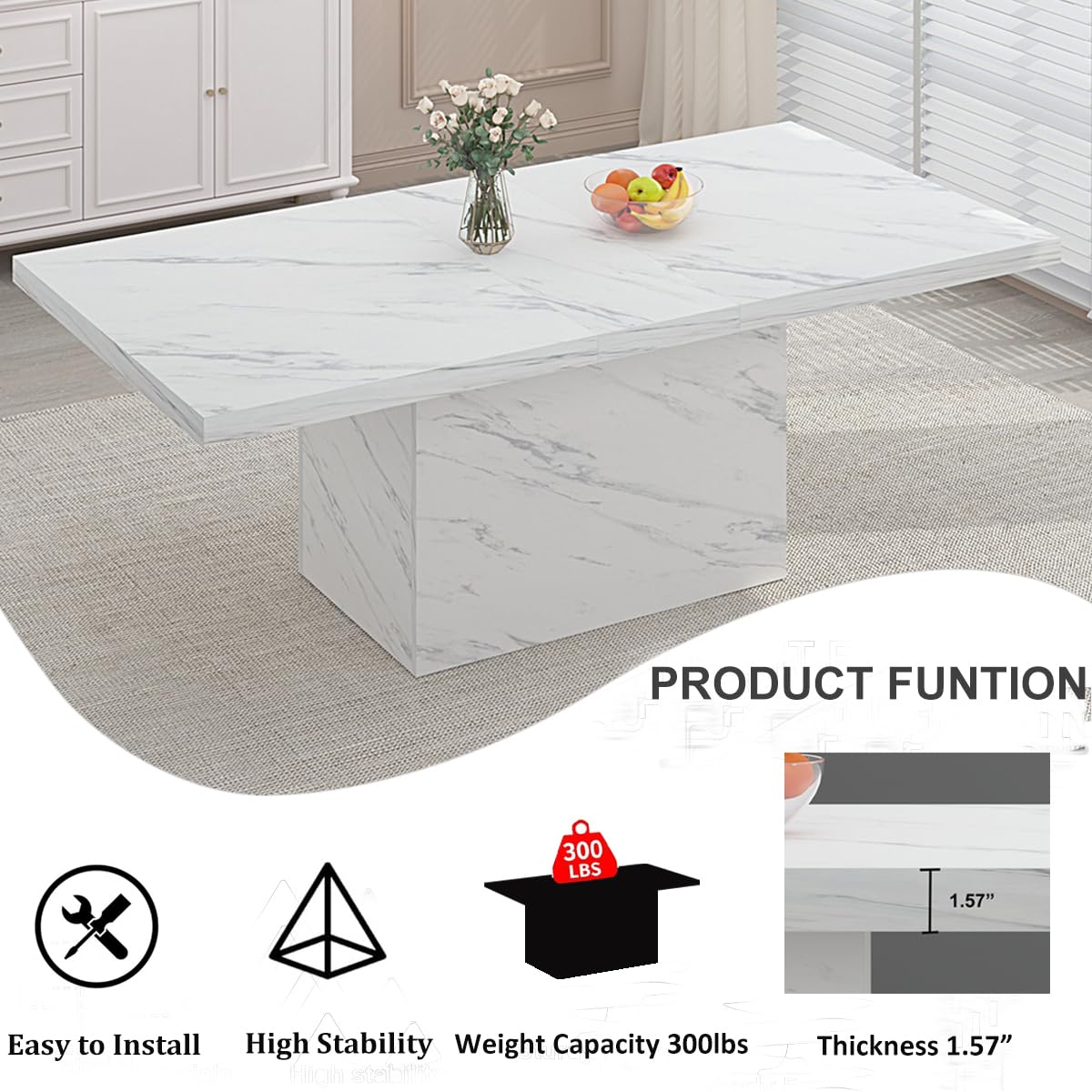 HSH Dining Table Modern Rectangle Kitchen Dinner Table 180cm White Marble
