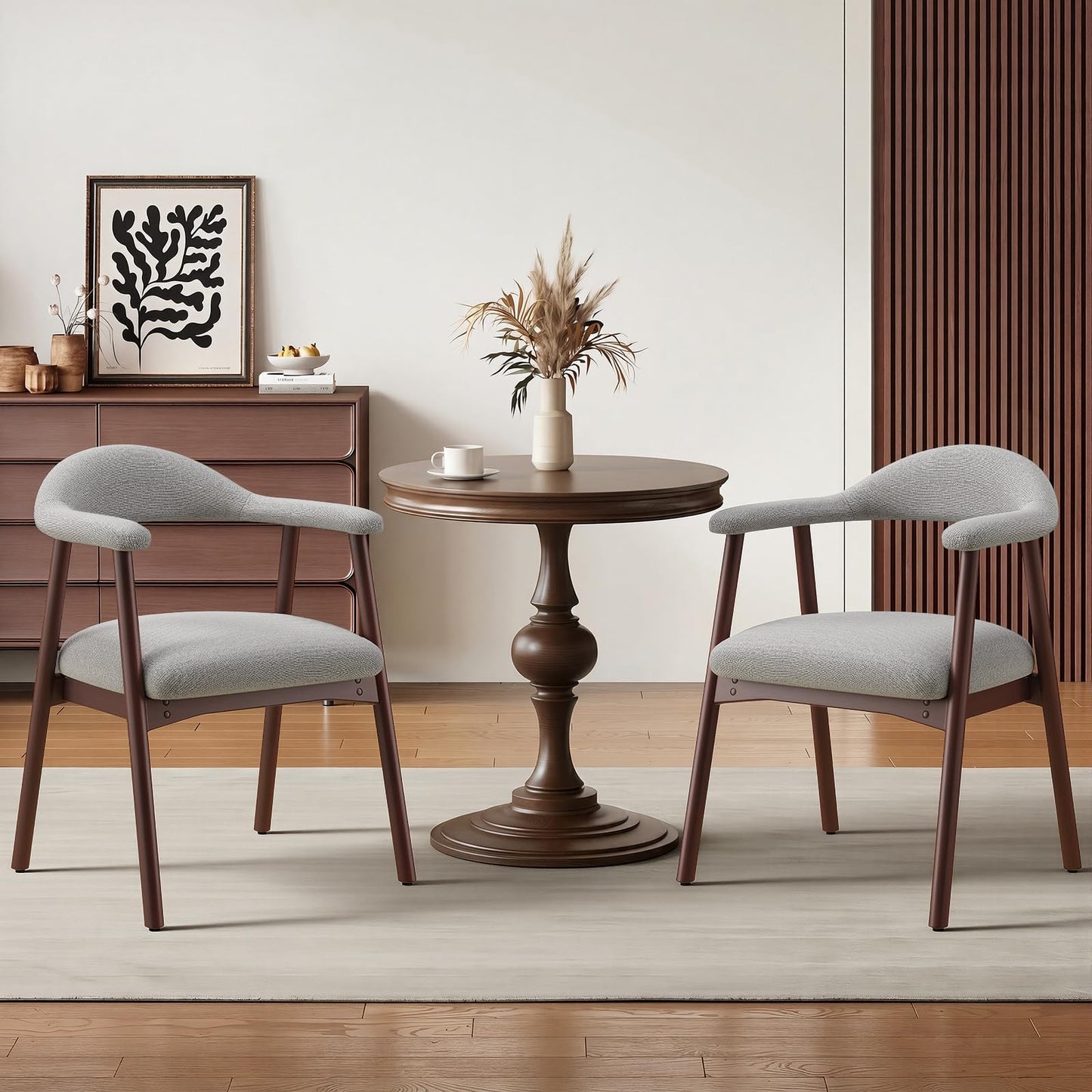 MALOL Wooden Dining Chairs Set of 2, Fabric Chairs for Dining Room with Armrest, Upholstered Kitchen Chairs with Curved Back and Wood Legs for Dining