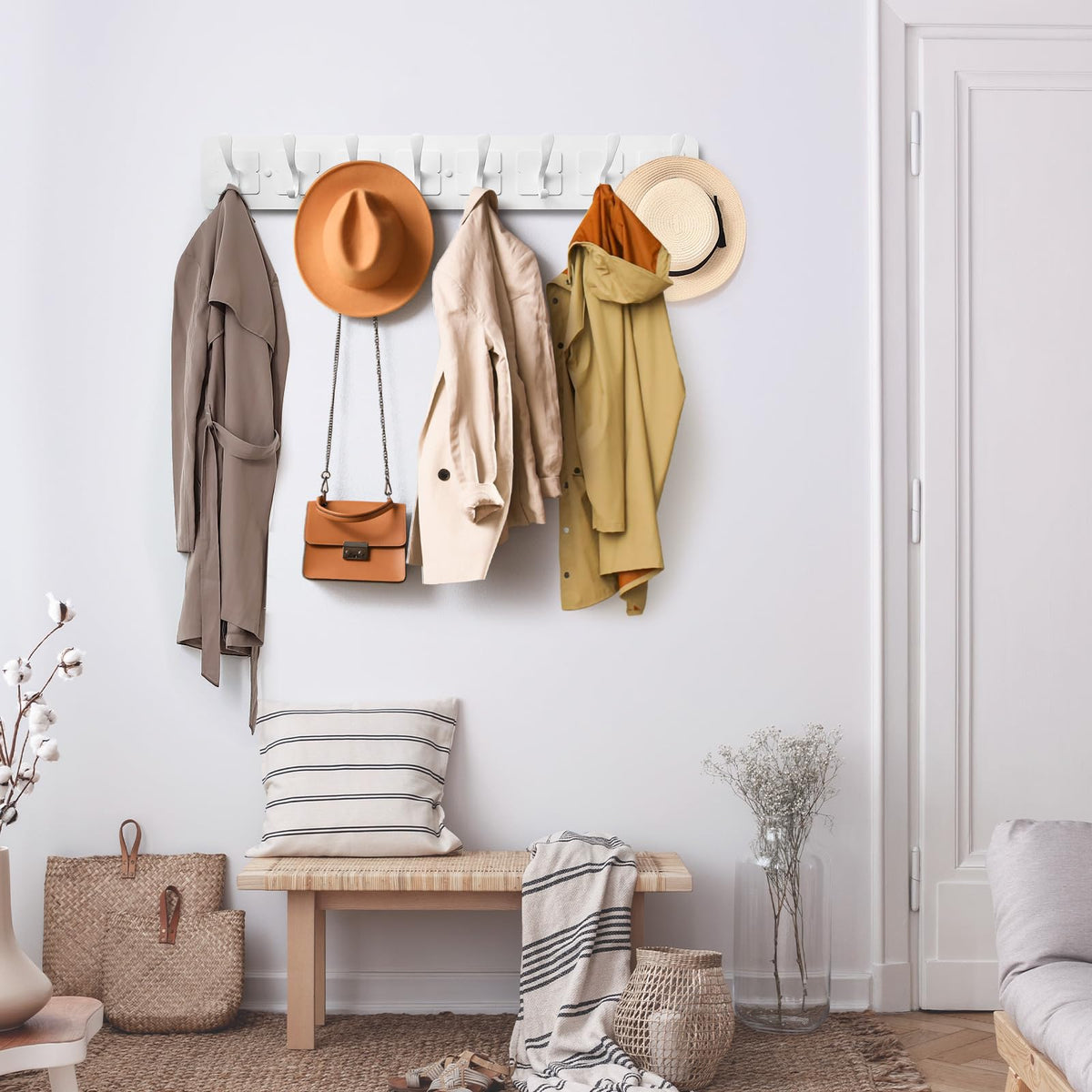 VIEBSOTG Coat Rack Wall Mounted,Wooden Wall Coat Rack with 8 Double Hooks for Hanging Coats,Hats,Jackets White, 8 Double Hooks