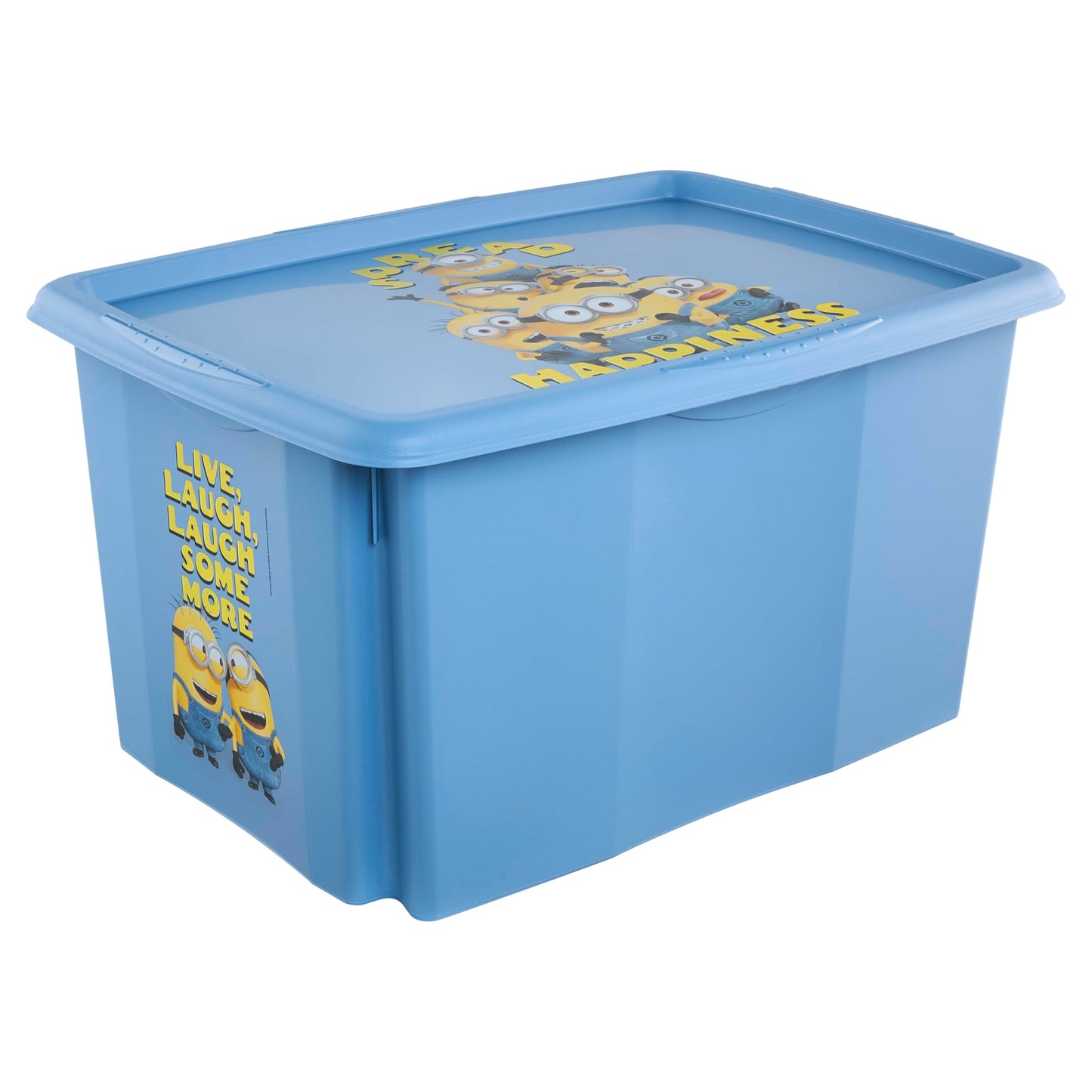 keeeper karolina storage box with lid, 45 l, stackable and nestable, Design: Minions, Happiness, For children, Blue (Soft Blue)