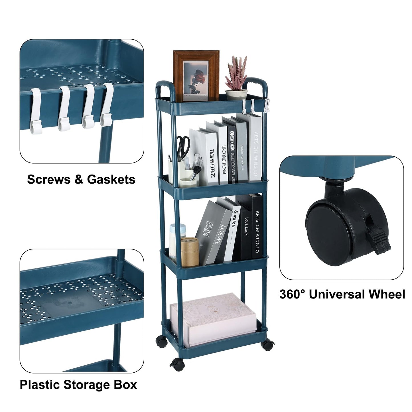 PATIKIL 5-Tier Rolling Utility Cart with Handle, Storage Shelves Organizer Cart Movable Storage Organizer with Wheels for Room Office Kitchen