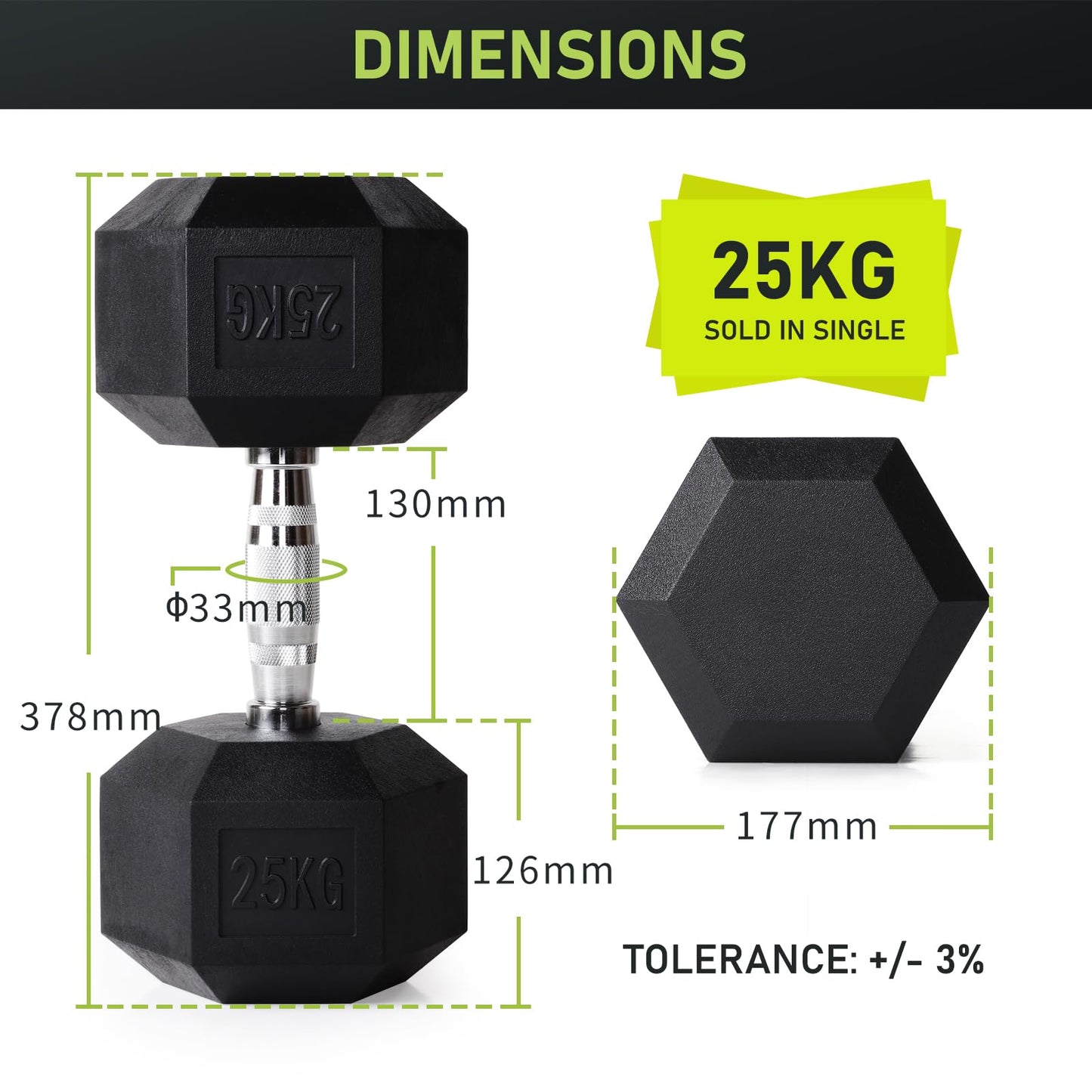 PhysKcal Hex Dumbbells 25kg Single, Odourless Poly Rubber Encased Dumbbells Set 2.5KG 5KG 7.5KG 10KG 12.5KG 15KG 20KG Home Gym Weights Set