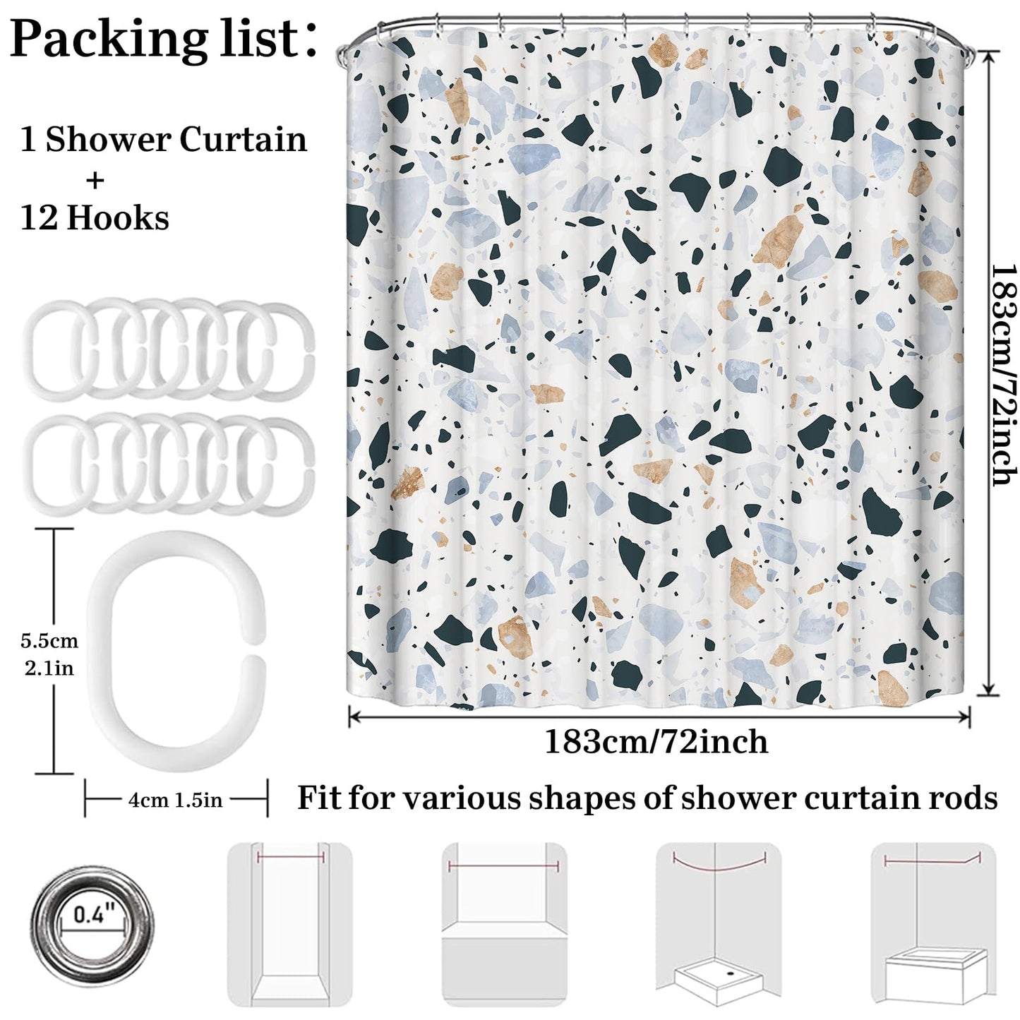 Simpomsy Terrazzo Shower Curtains Mould proof resistant, Washable Weighted Fabric Wet Room Shower Curtain
