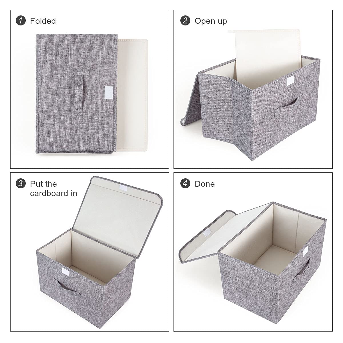 Booxihome 3Pcs Fabric Storage Boxes With Lids For Wardrobe Clothes Toy Foldable Linen 37 * 24 * 25cm (Grey)