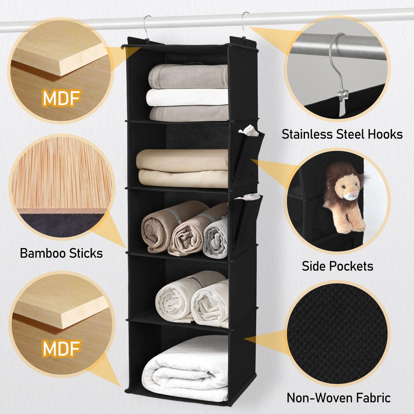 DPWEION Hanging Storage Shelves with 5 Shelves Foldable Hanging Wardrobe Closet Organiser Unit with 2 Side Pockets for Clothes Accessories for