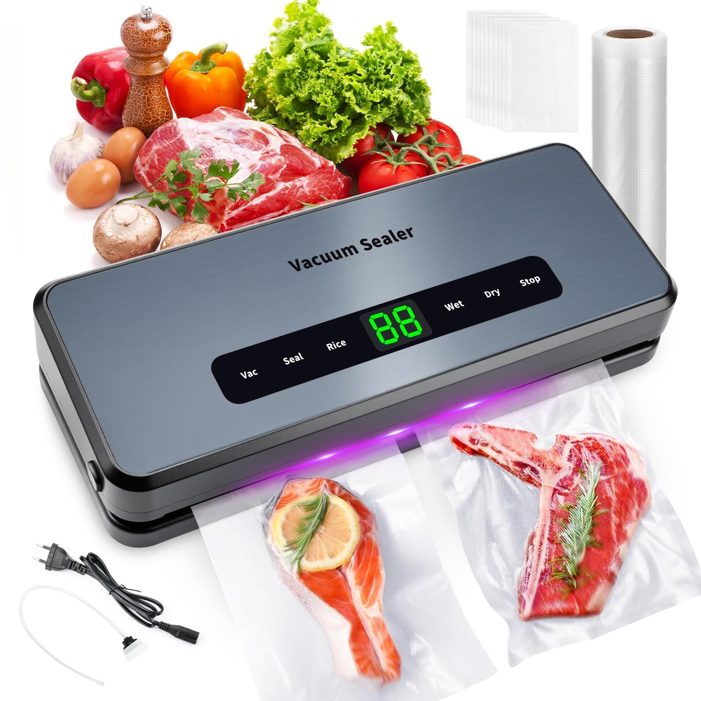 8 in 1 Vacuum Sealer Machine, 65 Kpa 30mm Longer Seal Food Sealer with 30Pcs Vacuum Sealer Bags for Vac/Seal/Rice/Wet Dry Mode, Built-in Cutter, Roll