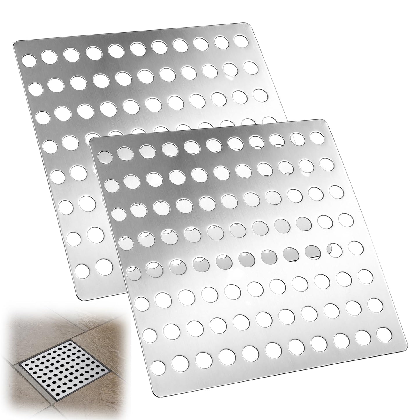 KIPTVO 2 Pack Stainless Steel Outdoor Drain Cover 15x15cm, Metal Drain Guard with Mesh Holes for Leaves & Debris, Drain Covers Outdoor for Garden