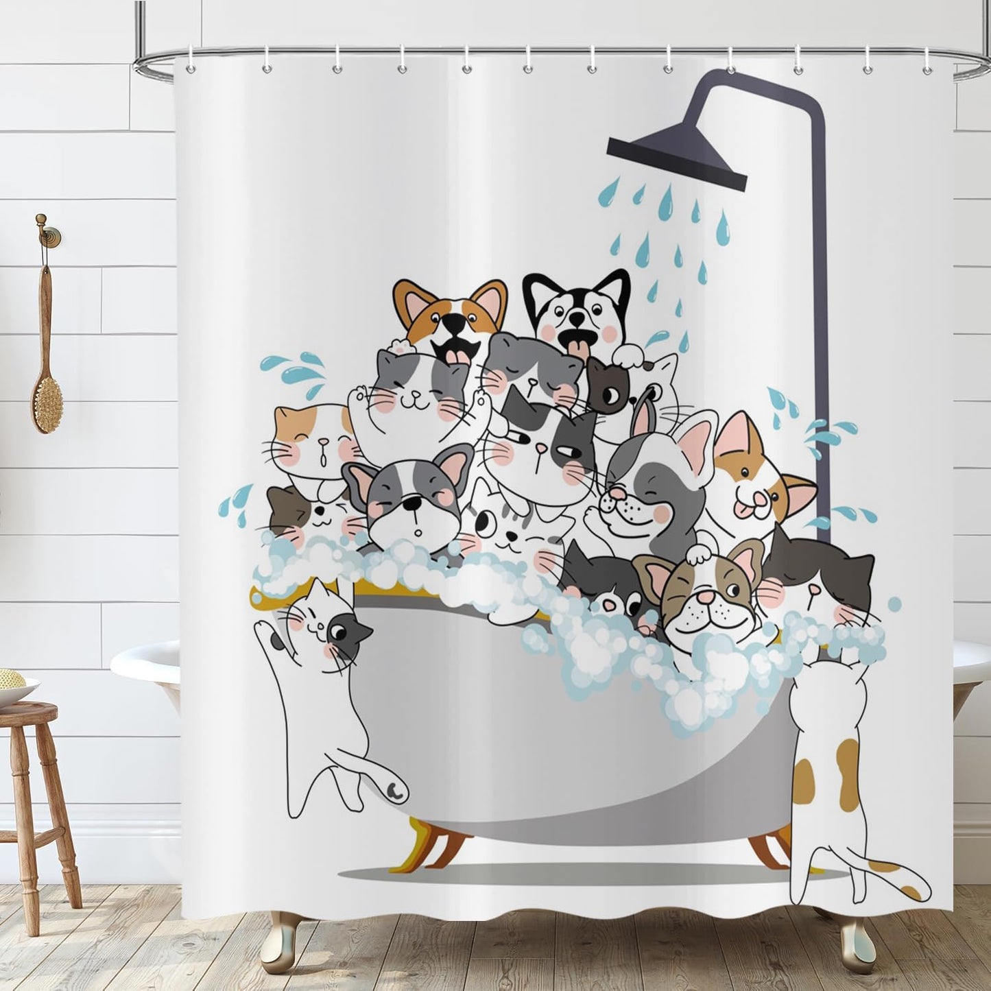ASDCXZ Funny Cat Shower Curtain 180x200 cm, Cute Colorful Kitten Puppy Kids Bathroom Animal Hilarious Waterproof Bath Curtain Polyester Textile