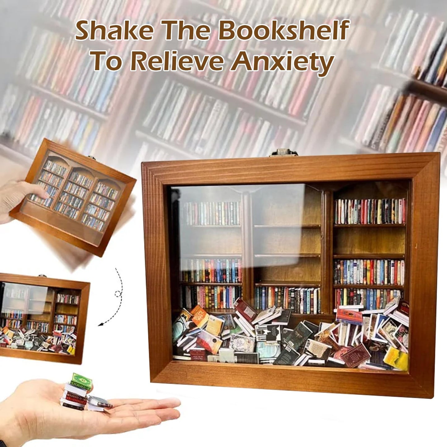 XQZMD Creative Decompression Miniature Bookshelf Display Frame - Wooden Anxiety Bookshelf Decor for Book Lovers Birthday Gifts