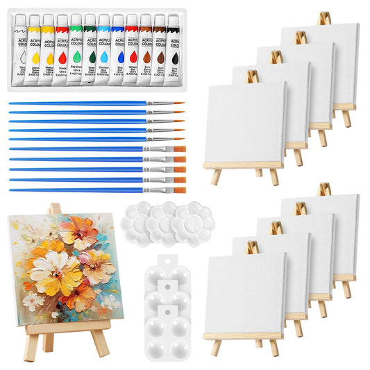 Obidodi Mini Canvas and Easel Set, 44 Pcs Painting Set Includes 4x4 Inches Canvas, Wooden Mini Easel, Acrylic Paint, Brushes and Palette for Kids, Sip